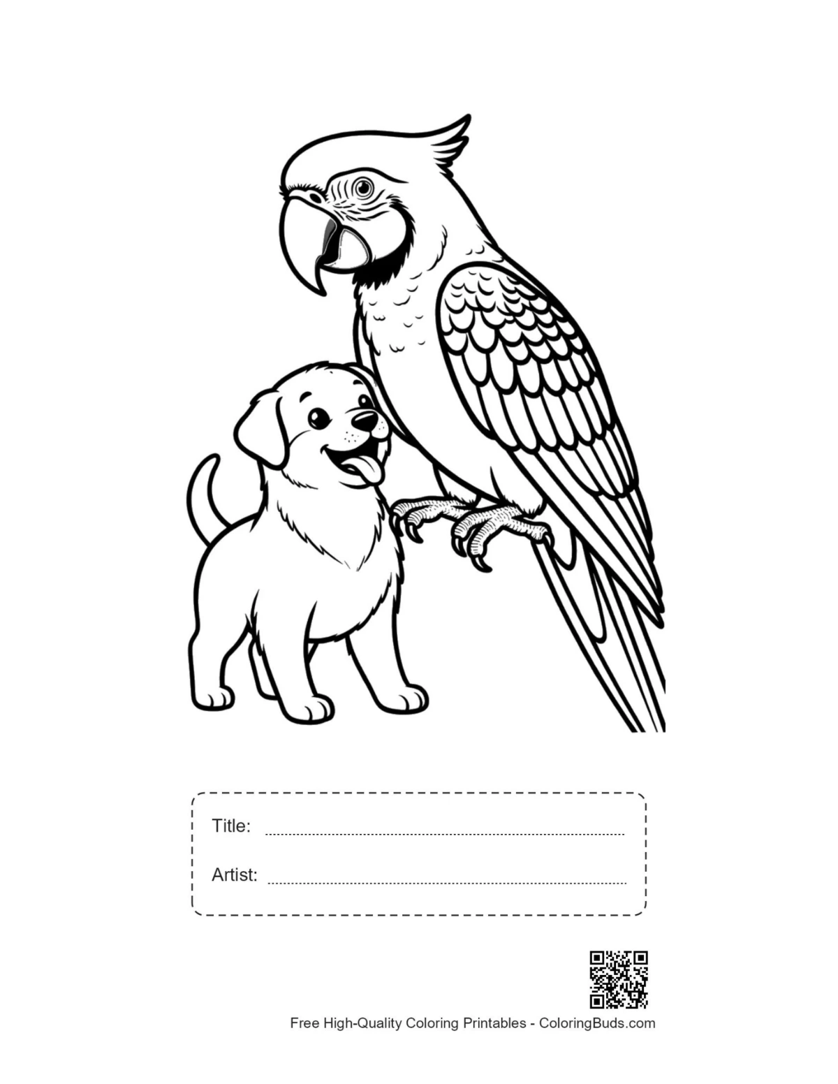 Printable cheerful macaw parrot and puppy duo with title box