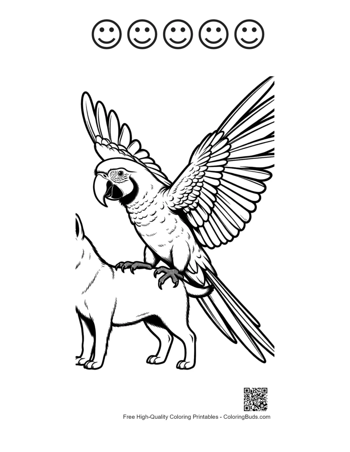 Macaw printable with 5 happy faces