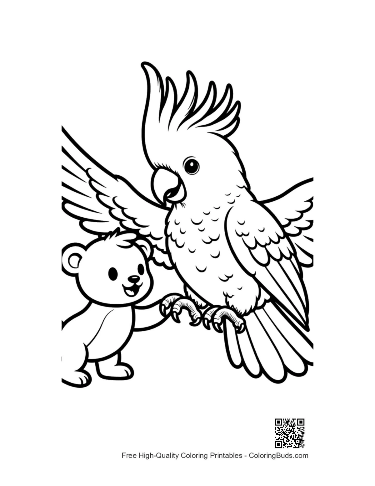 Cute cockatoo hugging teddy bear joyfully
