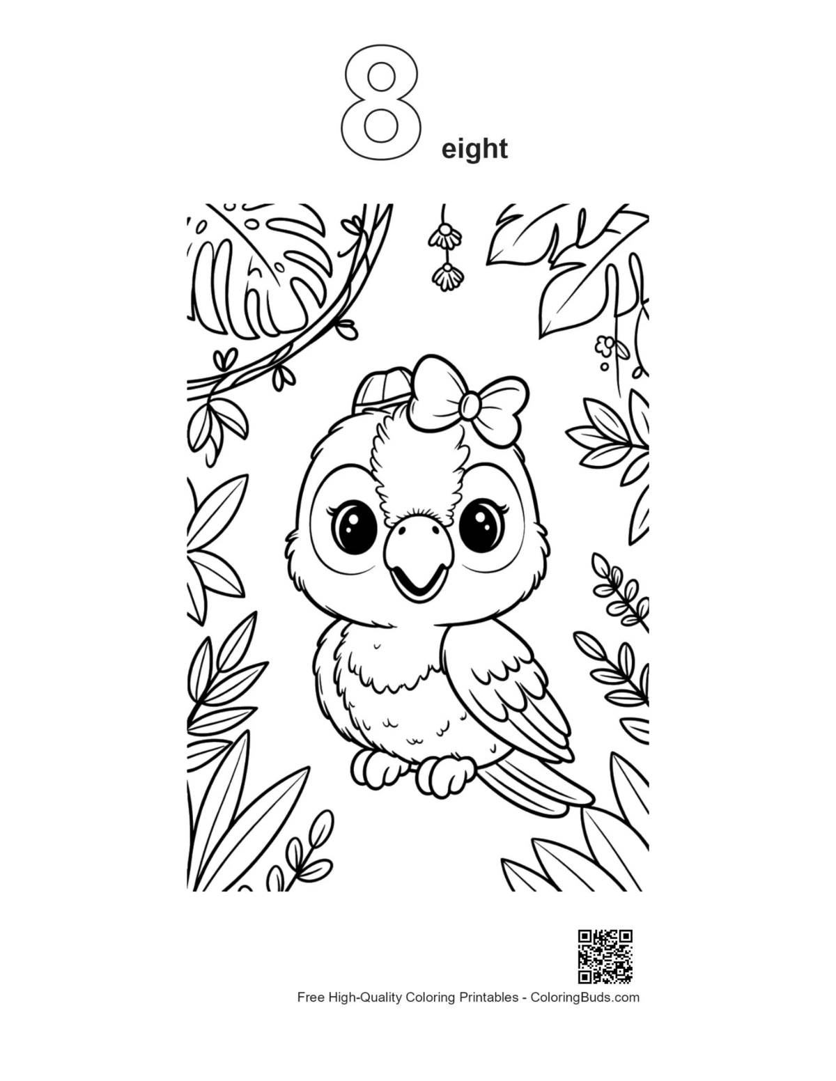 Number 8 outline on cockatoo coloring page printable design