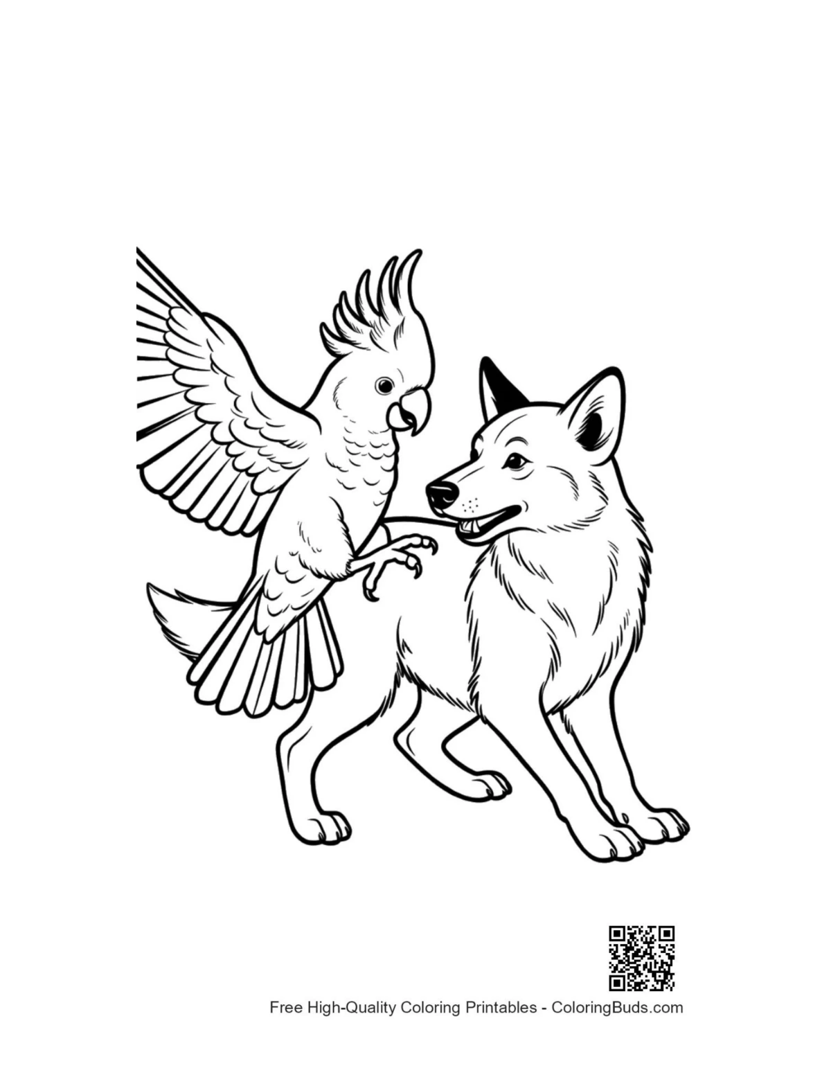 Cockatoo parrot perched on smiling wolf illustration