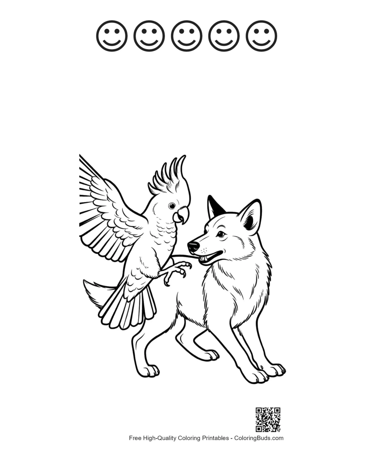 Cockatoo parrot perched wolf with 5 happy faces printable