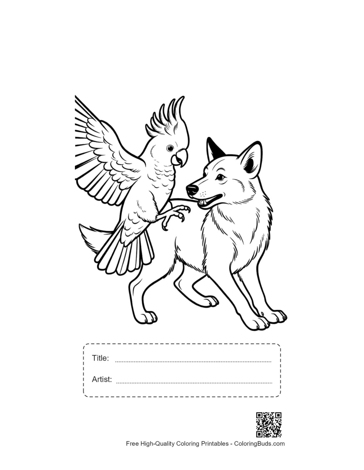Cockatoo parrot on smiling wolf printable with title box