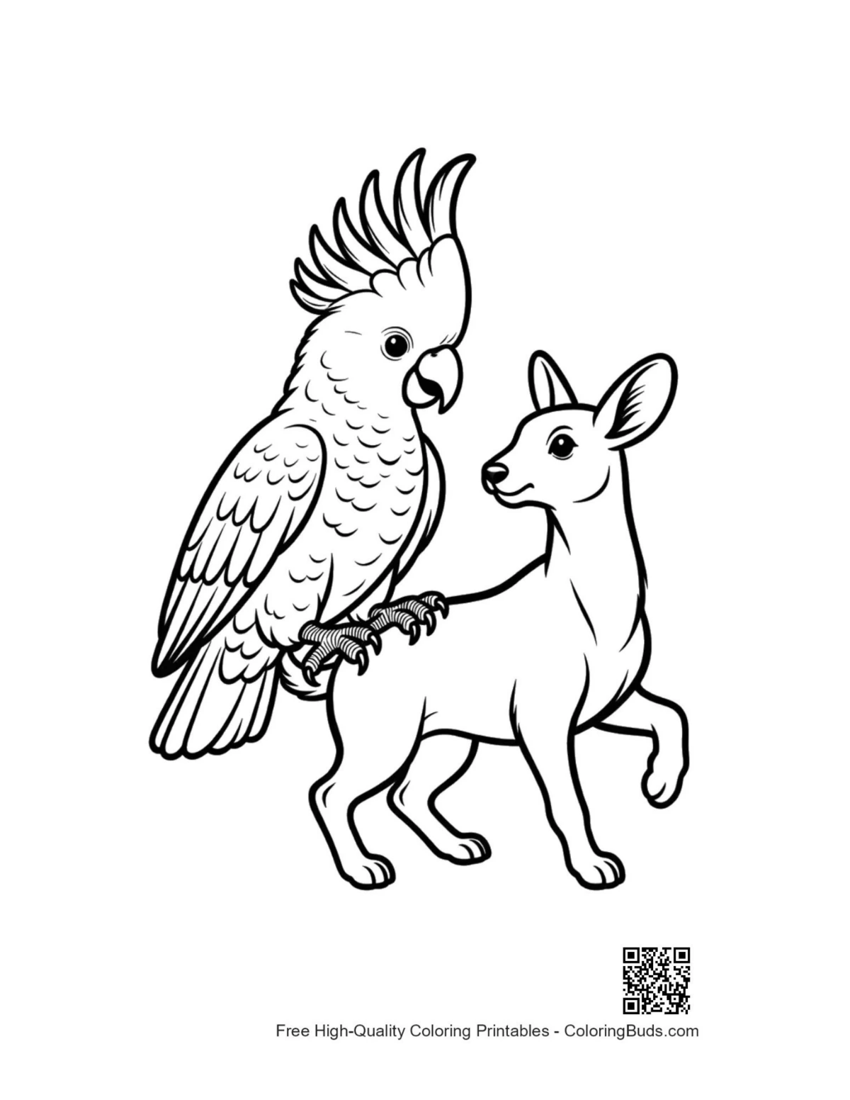 Playful cockatoo perched on cute fawn illustration
