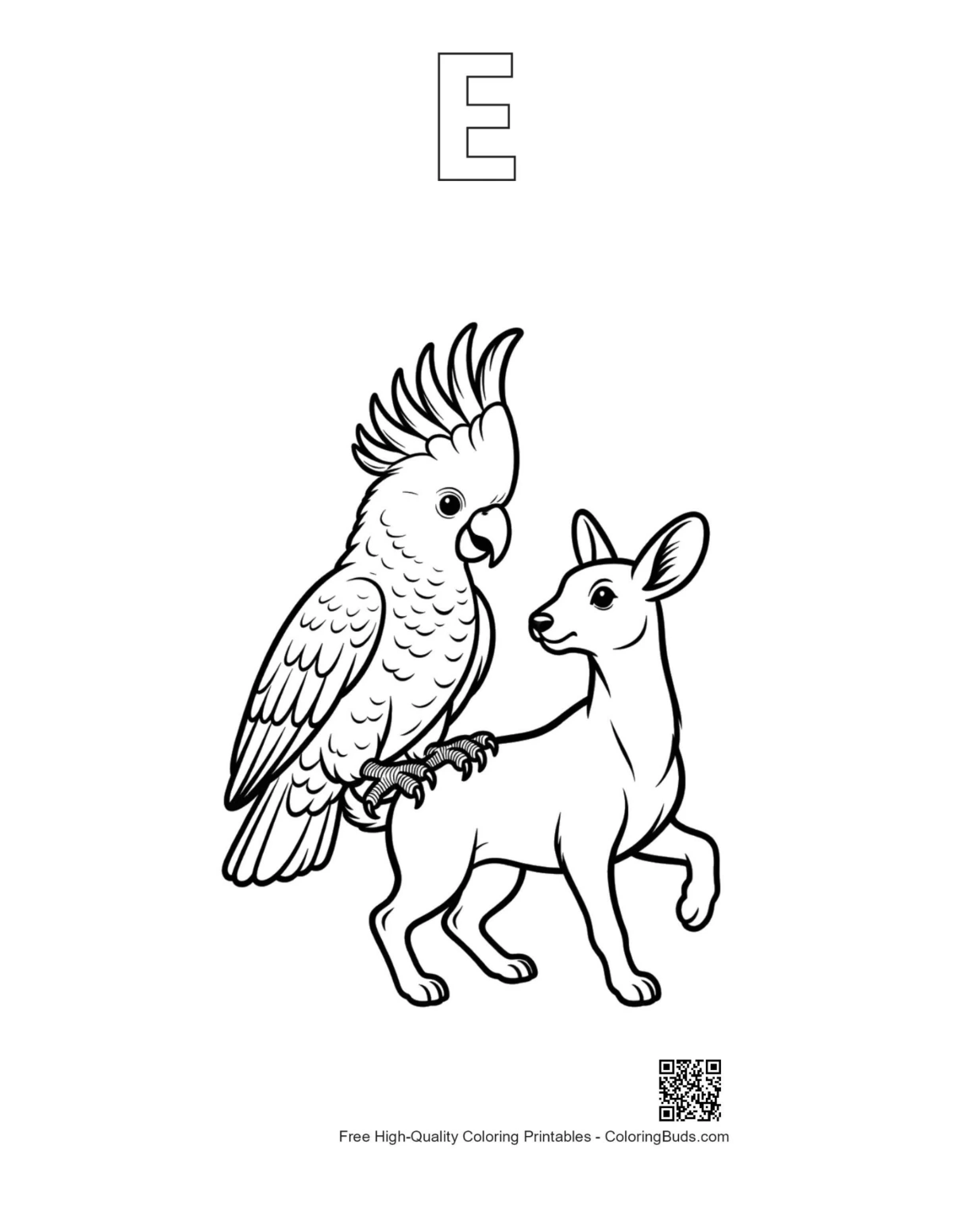 Cockatoo fawn outline printable featuring alphabet E