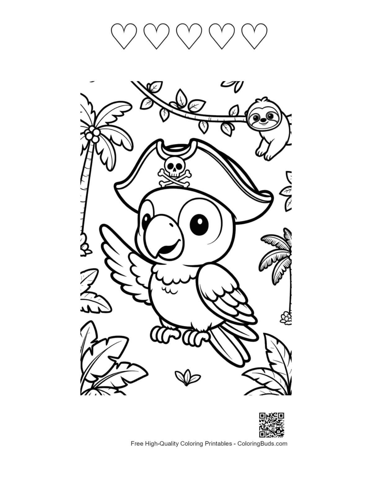 Printable cockatoo with 5 heart outlines design