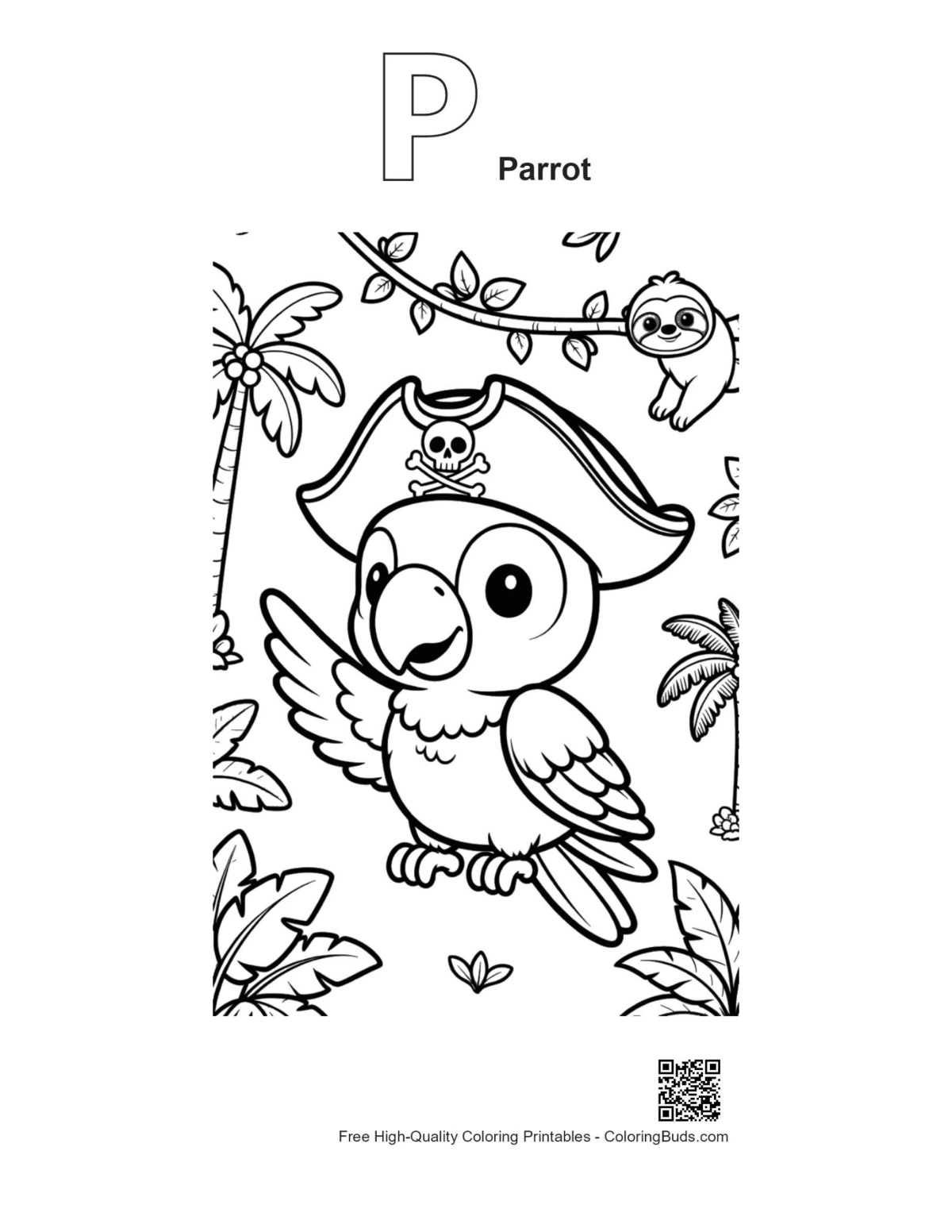 Cockatoo outline printable with alphabet P and parrot design