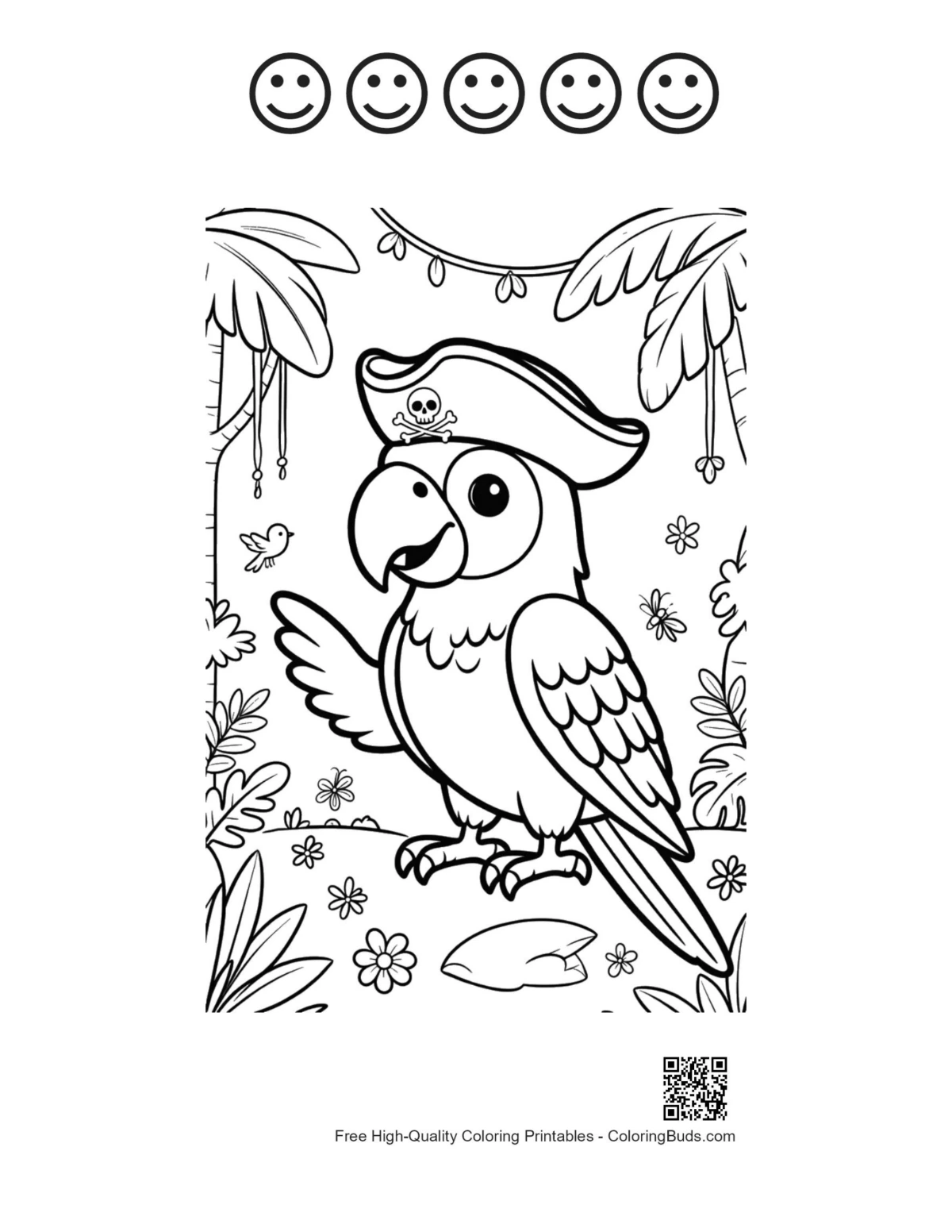 Cockatoo and 5 happy faces outline to color printable