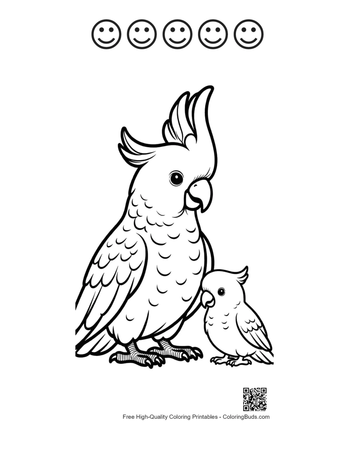 Printable cute cockatoo with happy face outlines
