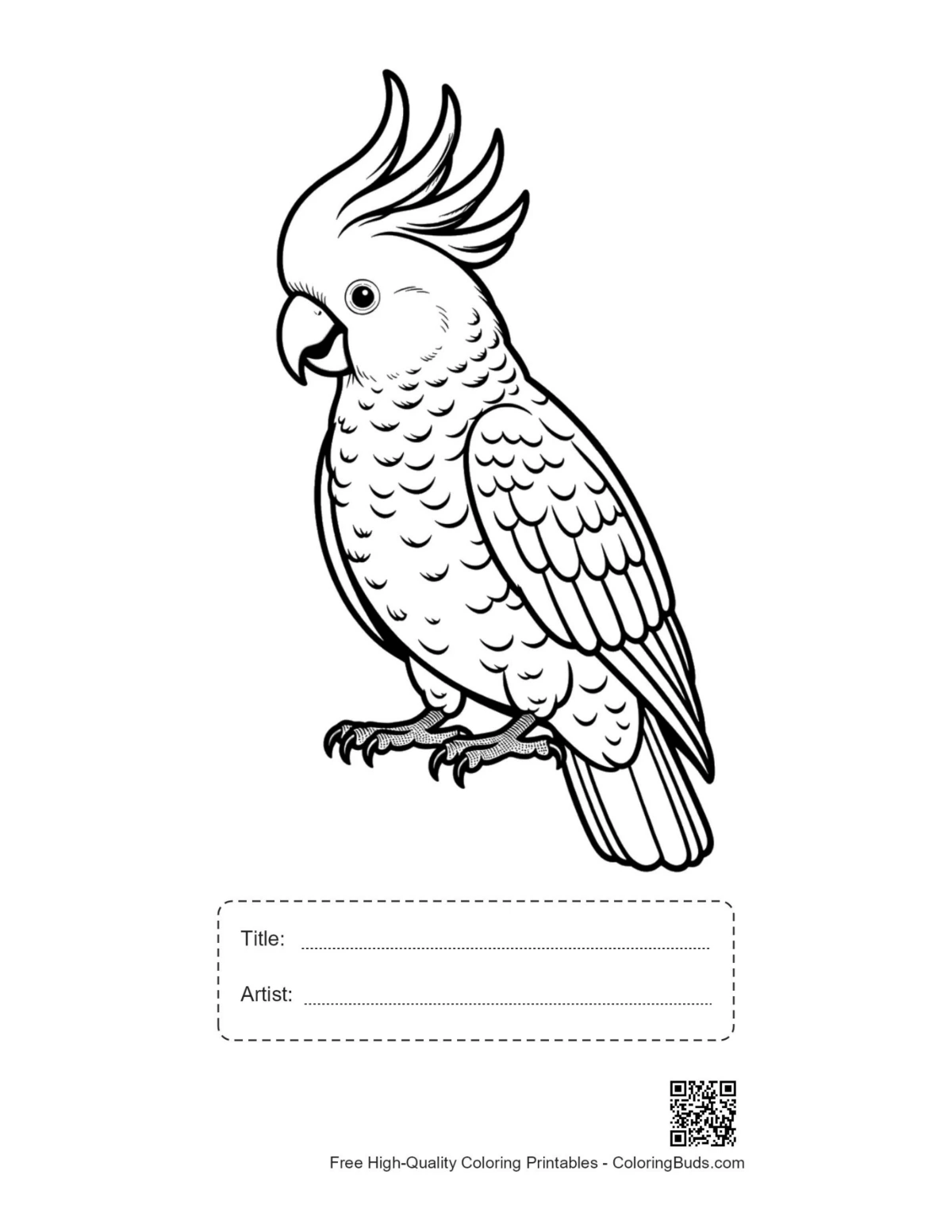 Printable cute crested cockatoo drawing with title box