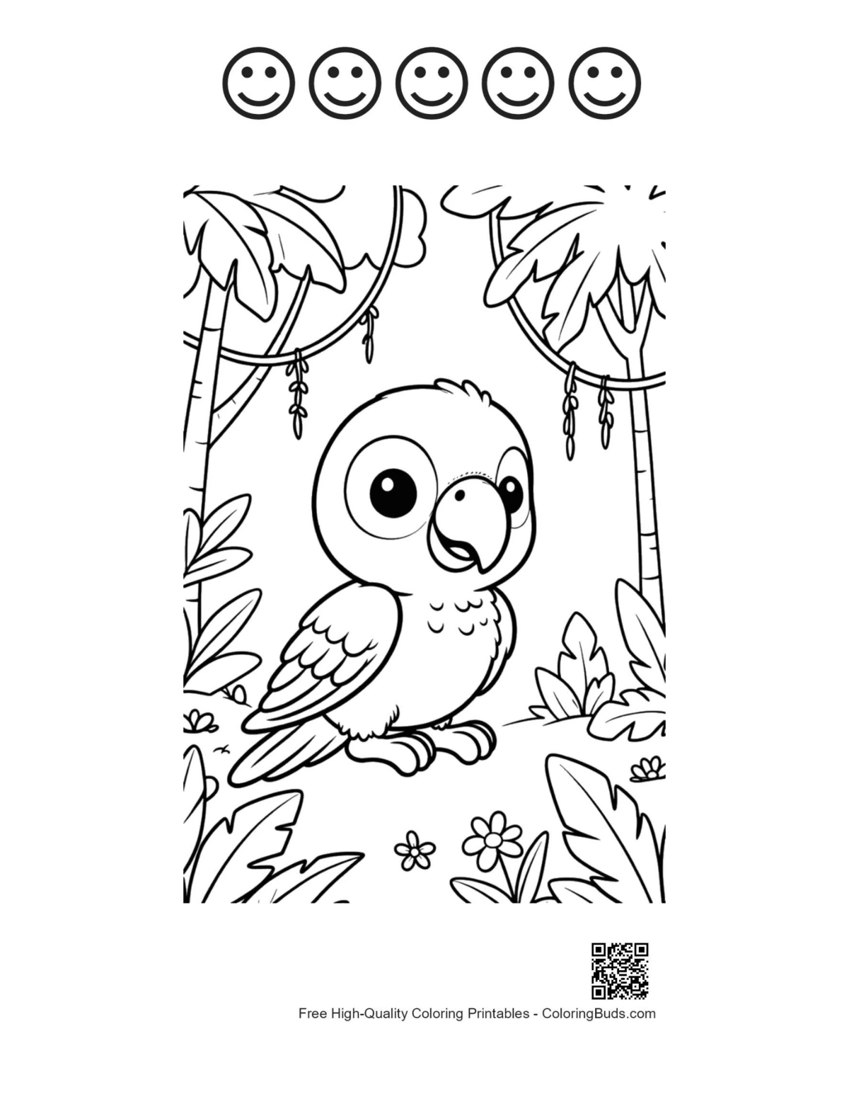 Cockatoo and 5 happy face outline printable sheet