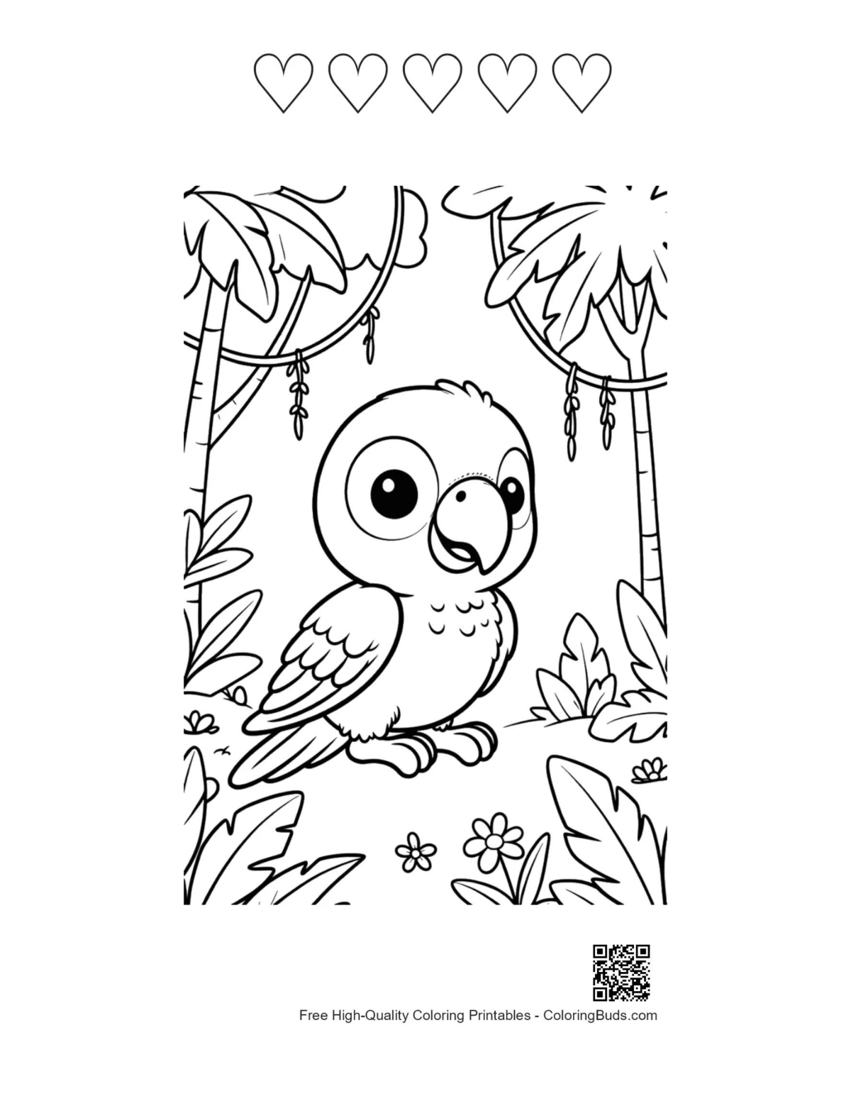 Cockatoo printable with 5 heart outlines coloring page
