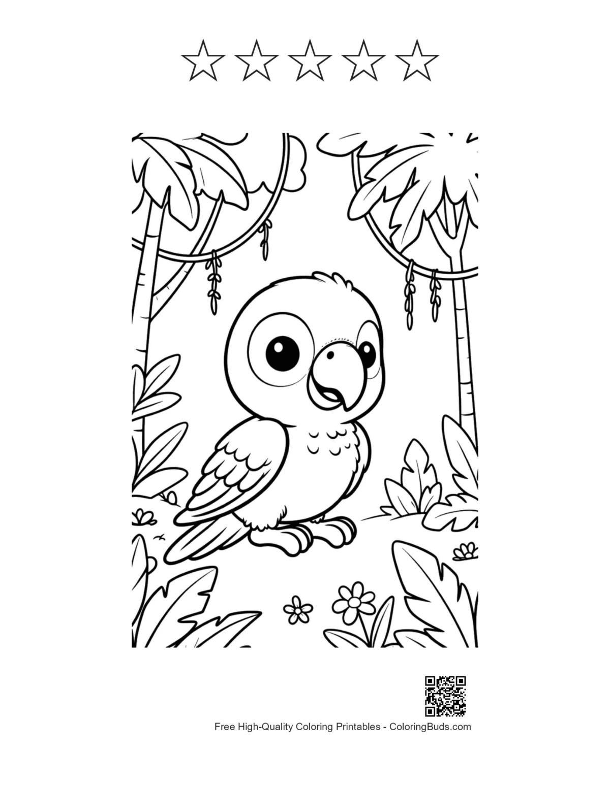 Cockatoo printable with 5 star outlines for coloring