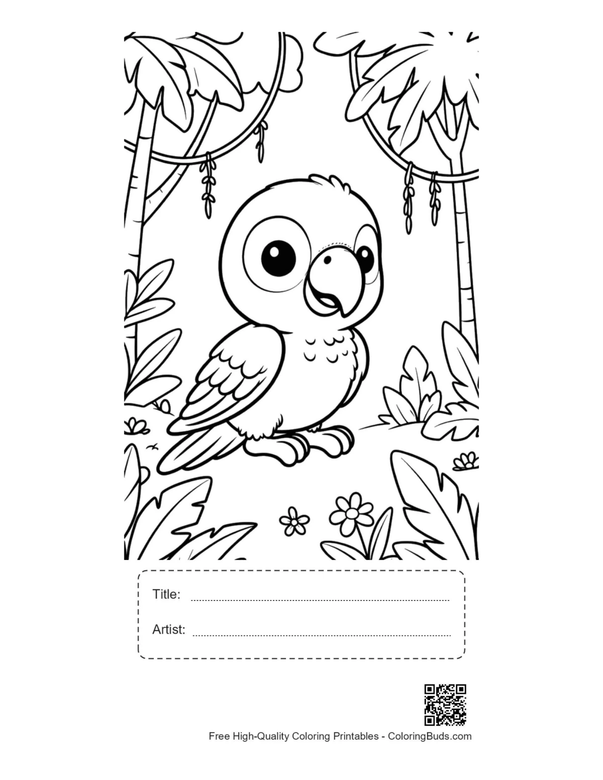 Cockatoo printable with title artist box for coloring