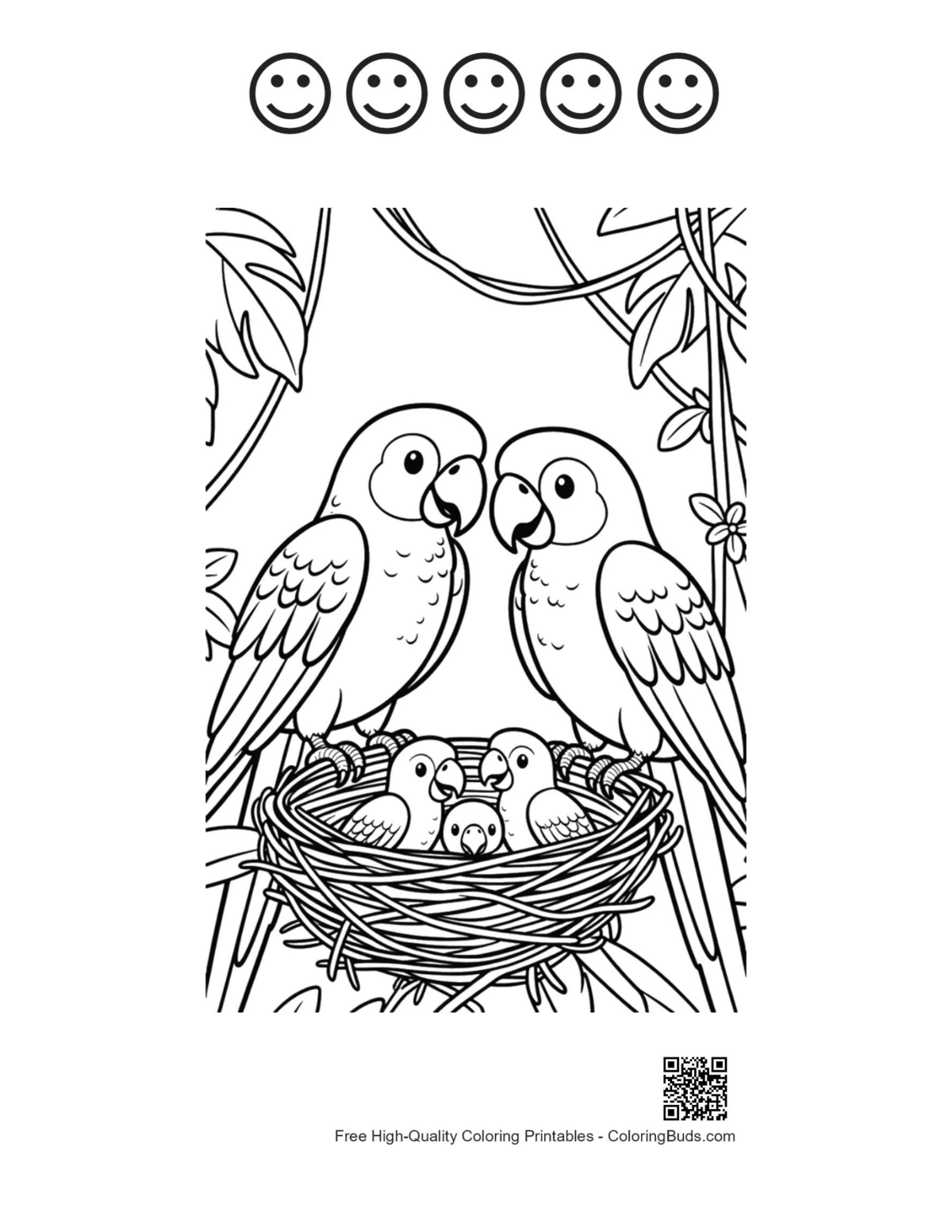 Easy cockatoo with 5 happy faces outline printable