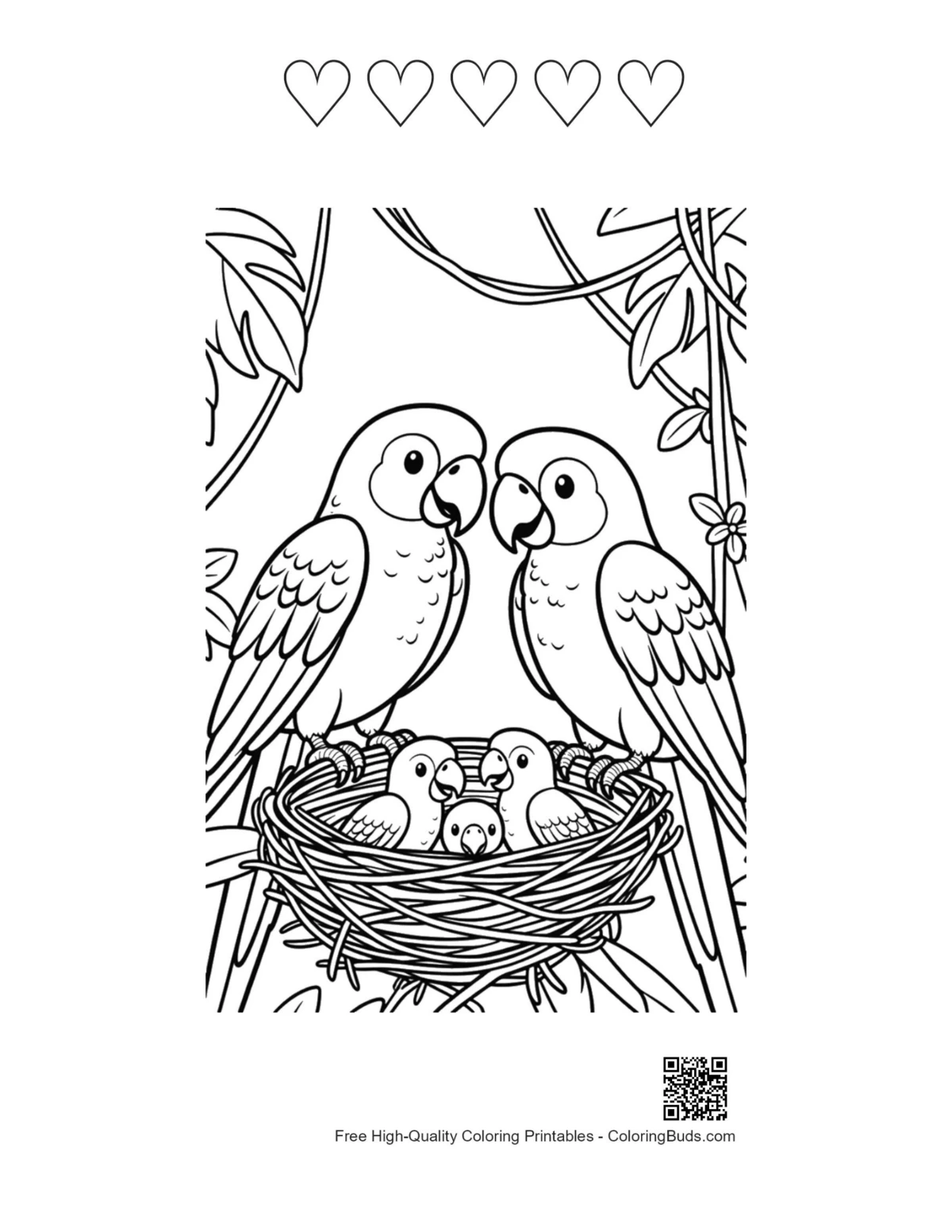 Cockatoo printable with 5 hearts outline for kids