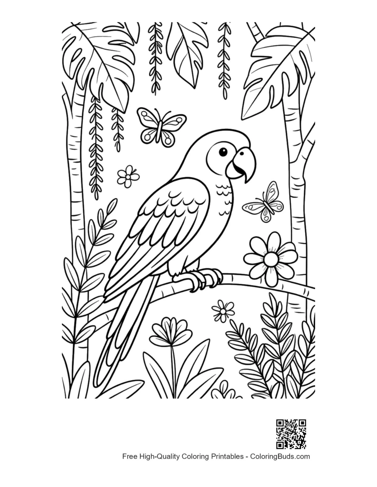 Exotic cockatoo parrot flying rainforest canopy coloring page