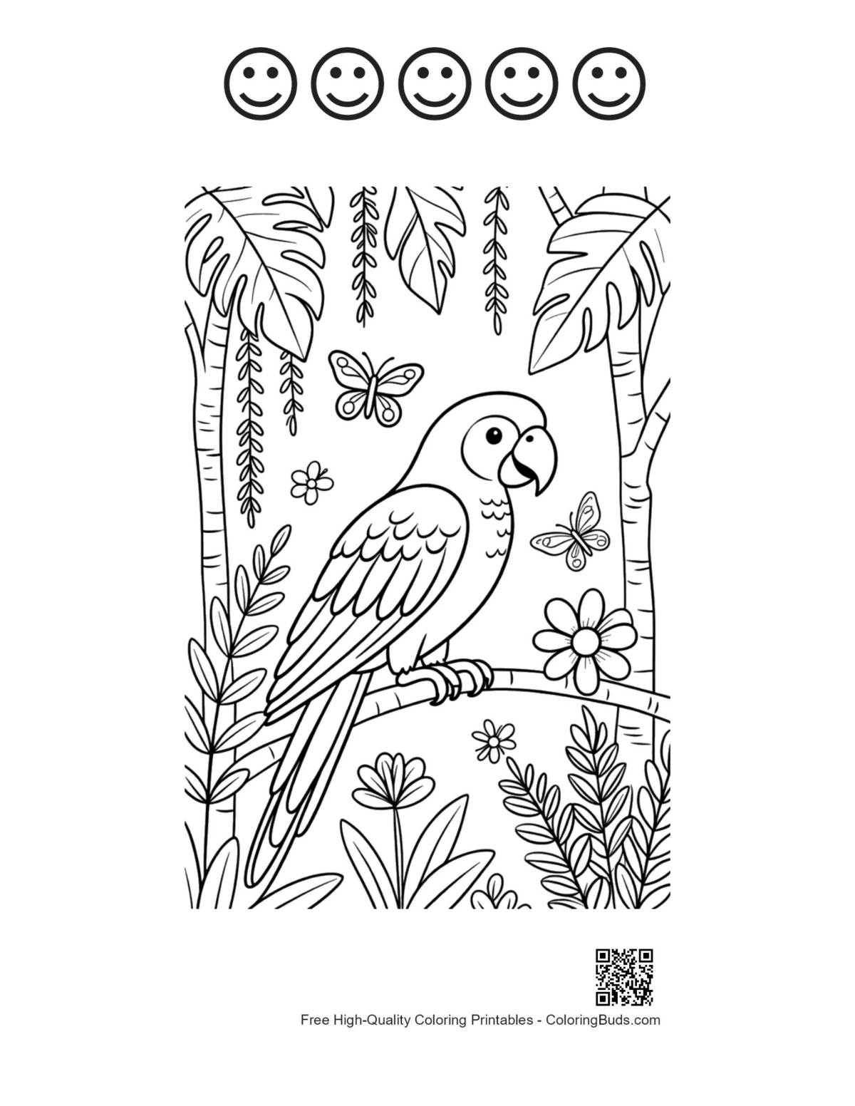 Exotic cockatoo printable with 5 happy faces outline