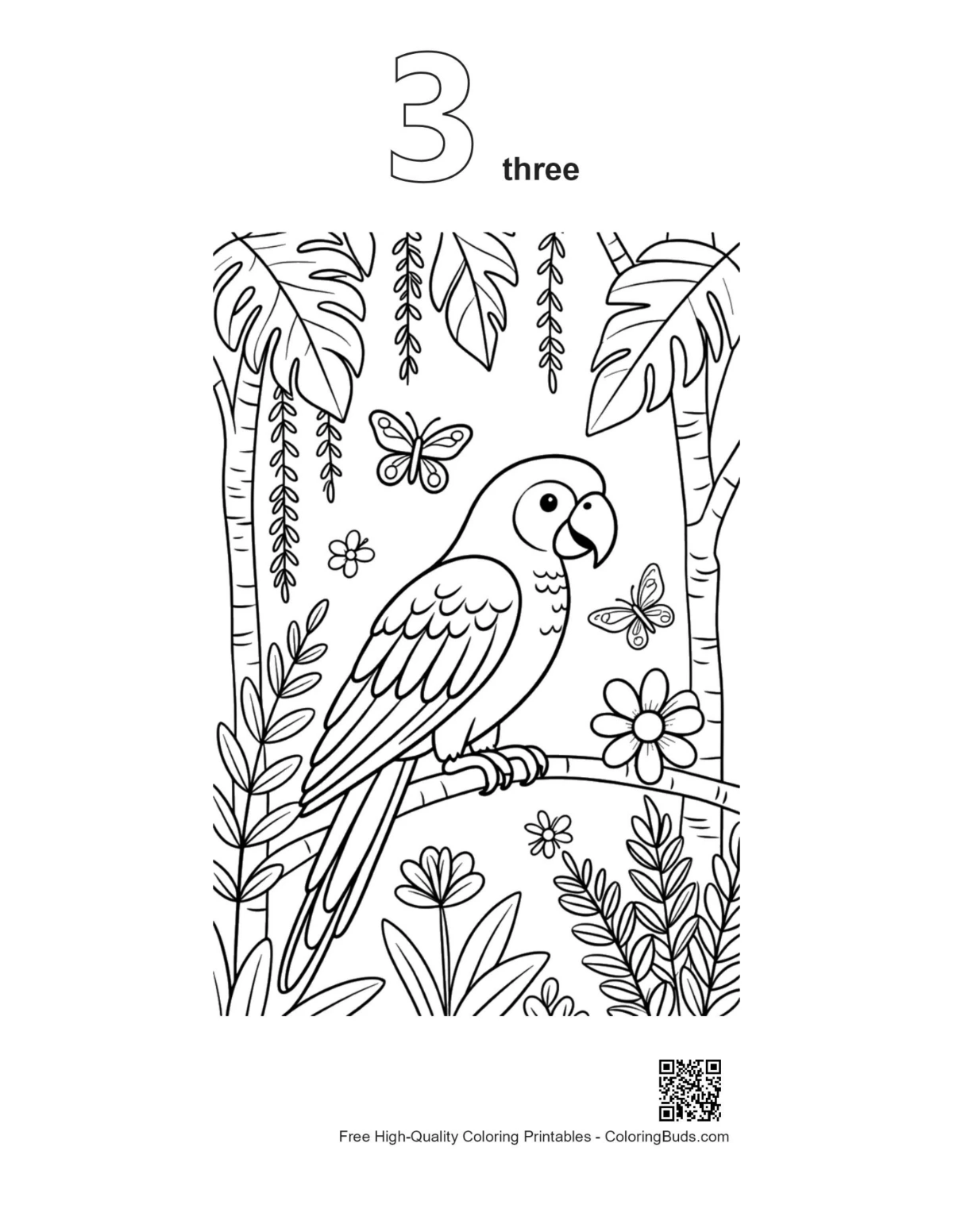 Outline 3 exotic cockatoo parrot rainforest canopy printable