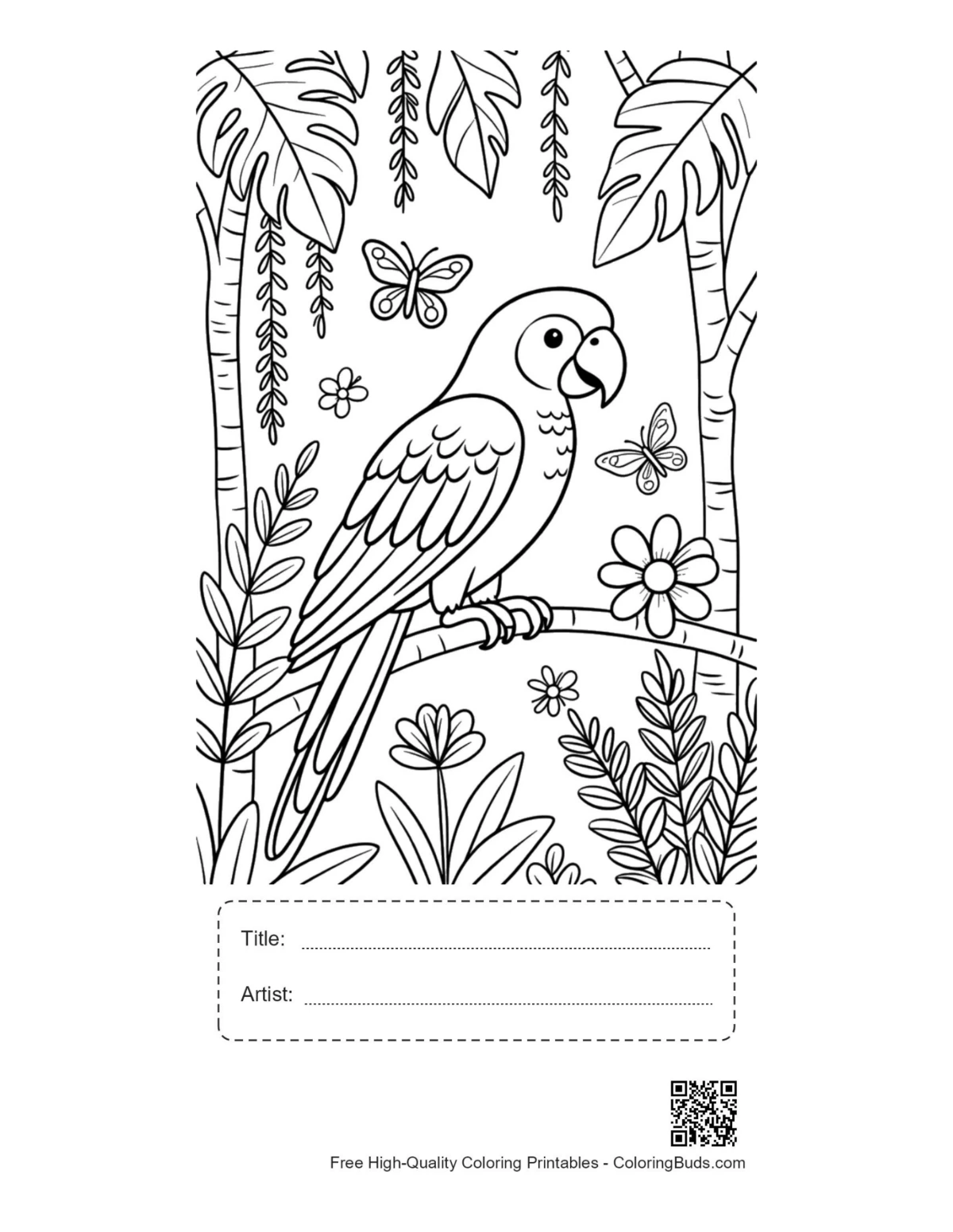 Exotic cockatoo parrot rainforest printable with title box