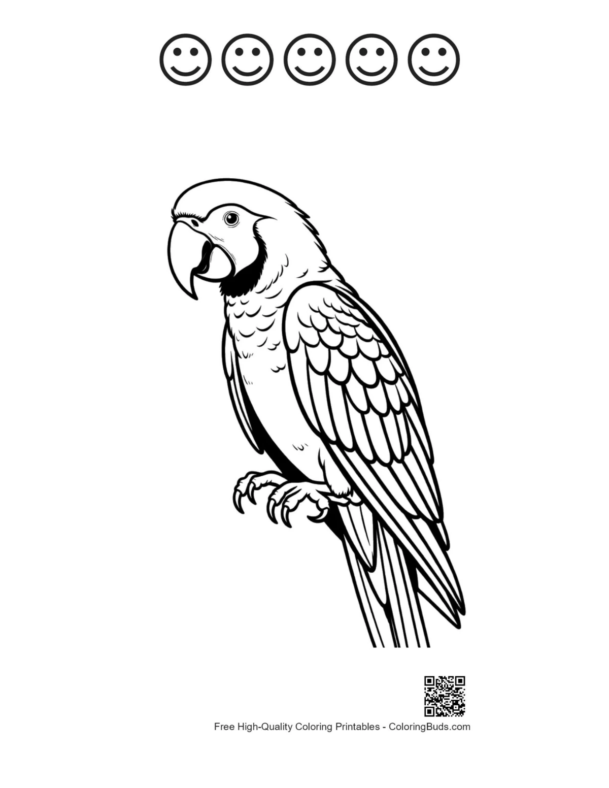 Macaw line art with happy face outlines printable
