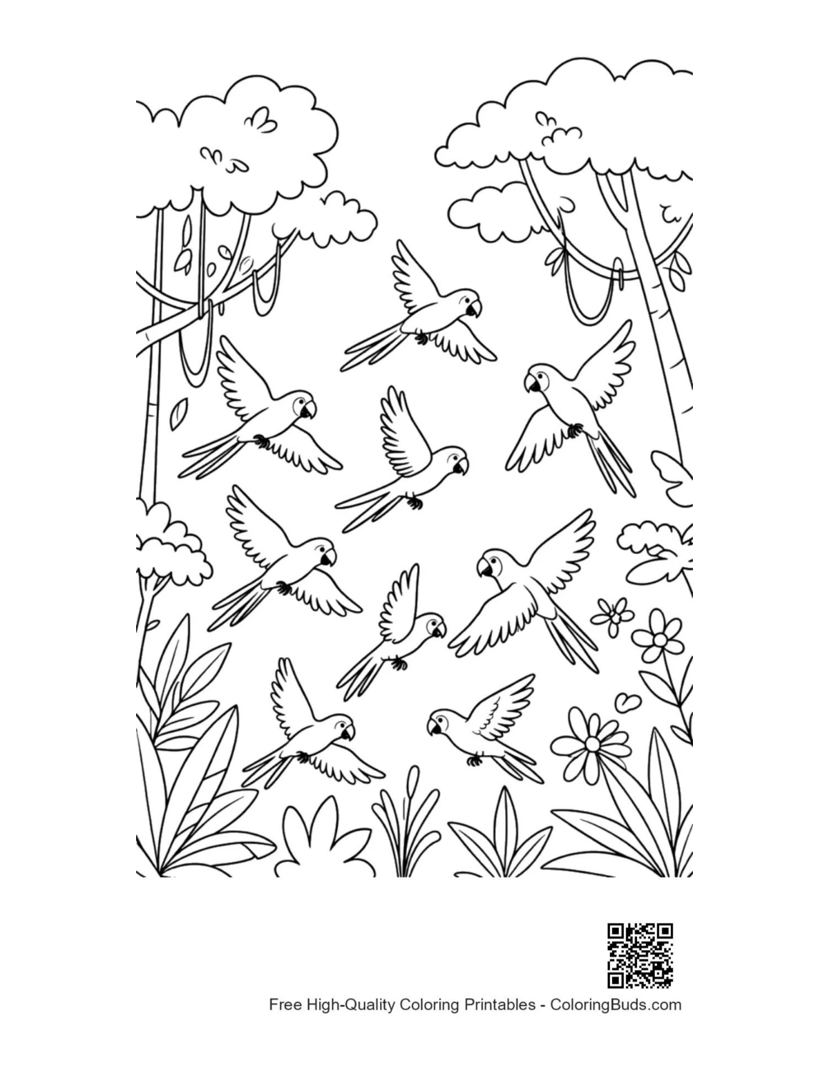 Flock of cockatoo parrots tropical sky printable