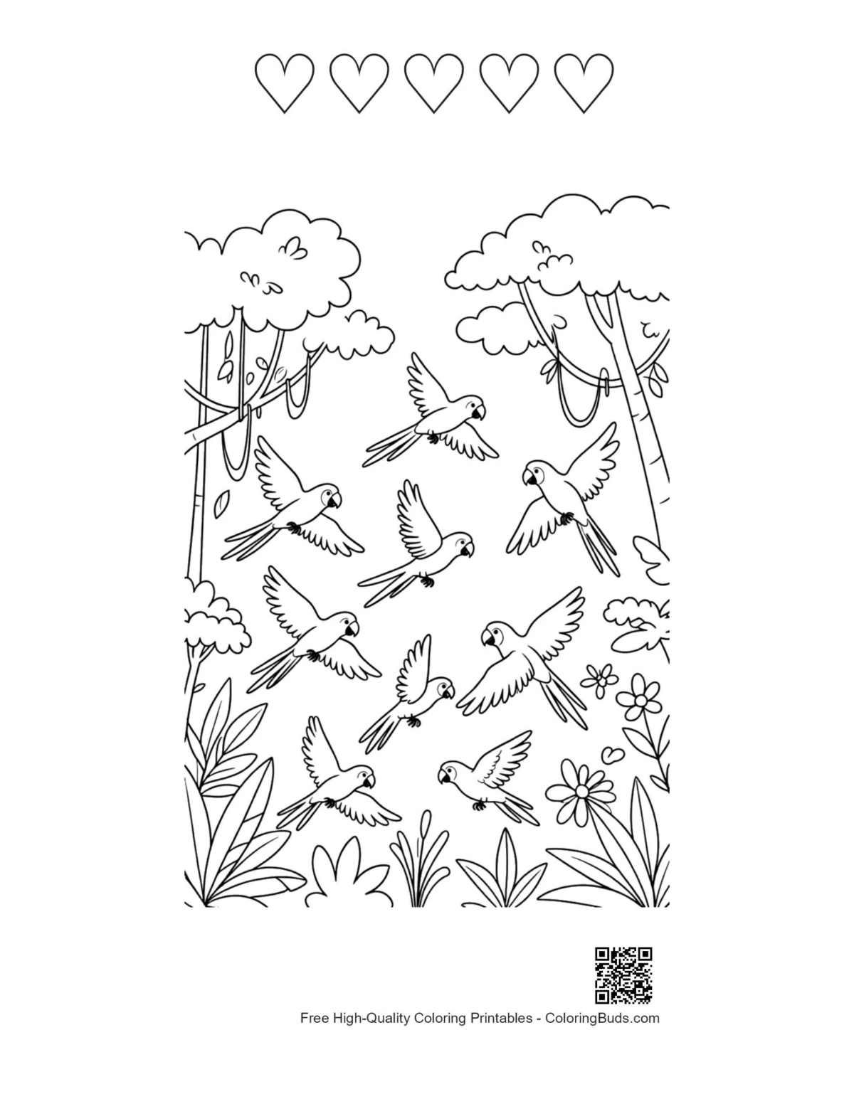 Cockatoo parrots 5 heart outline printable