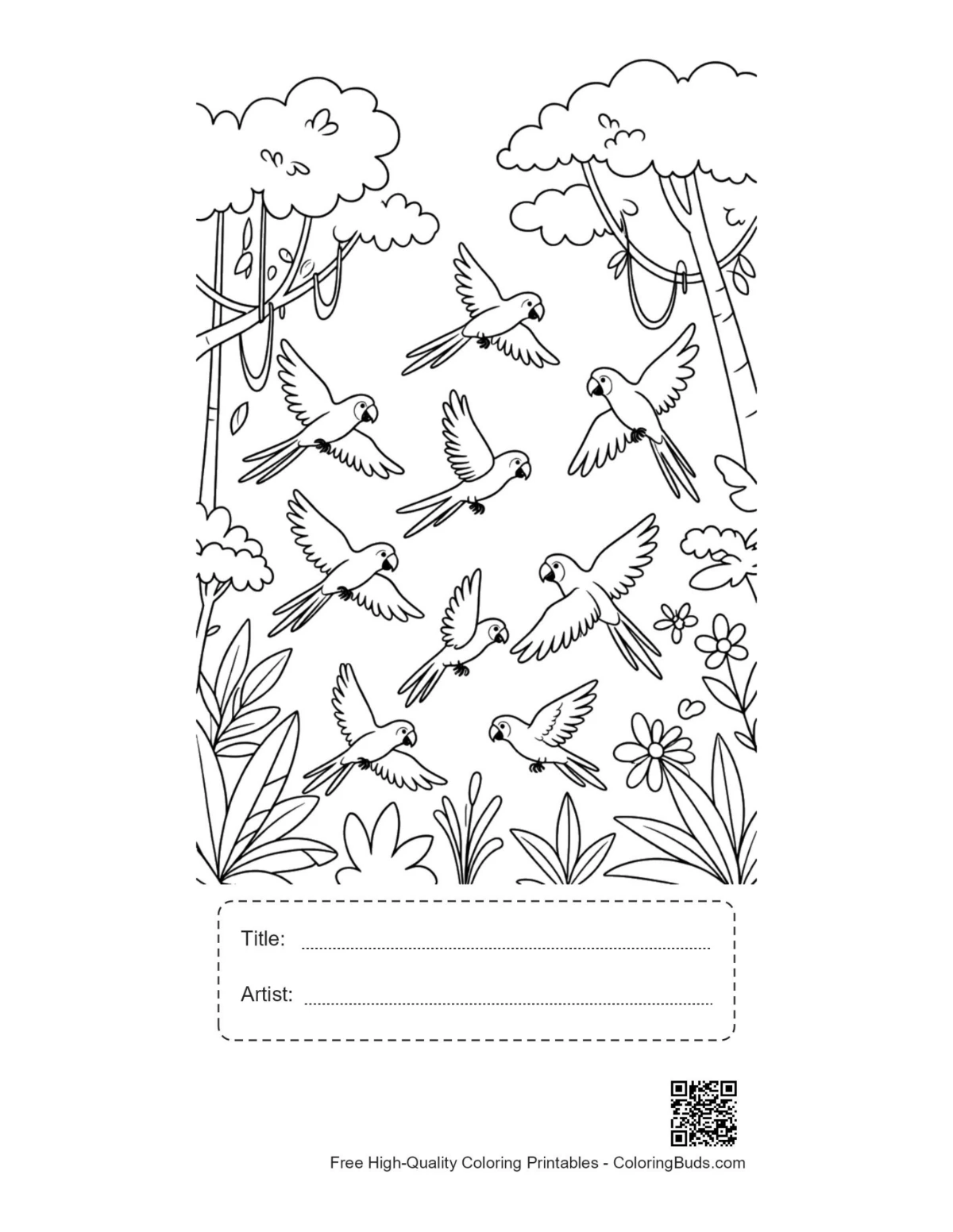 Cockatoo parrots printable with title artist box