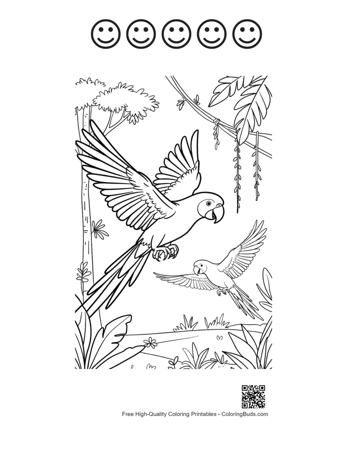 Flying cockatoo printable with 5 happy faces outline