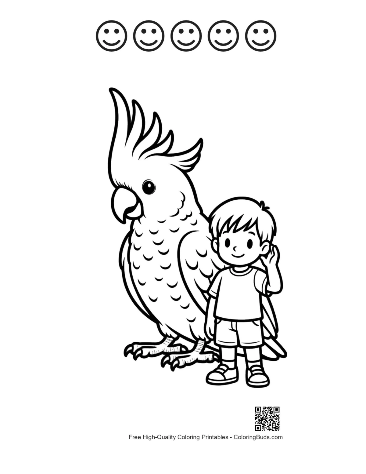 Boy and cockatoo printable with happy face outlines