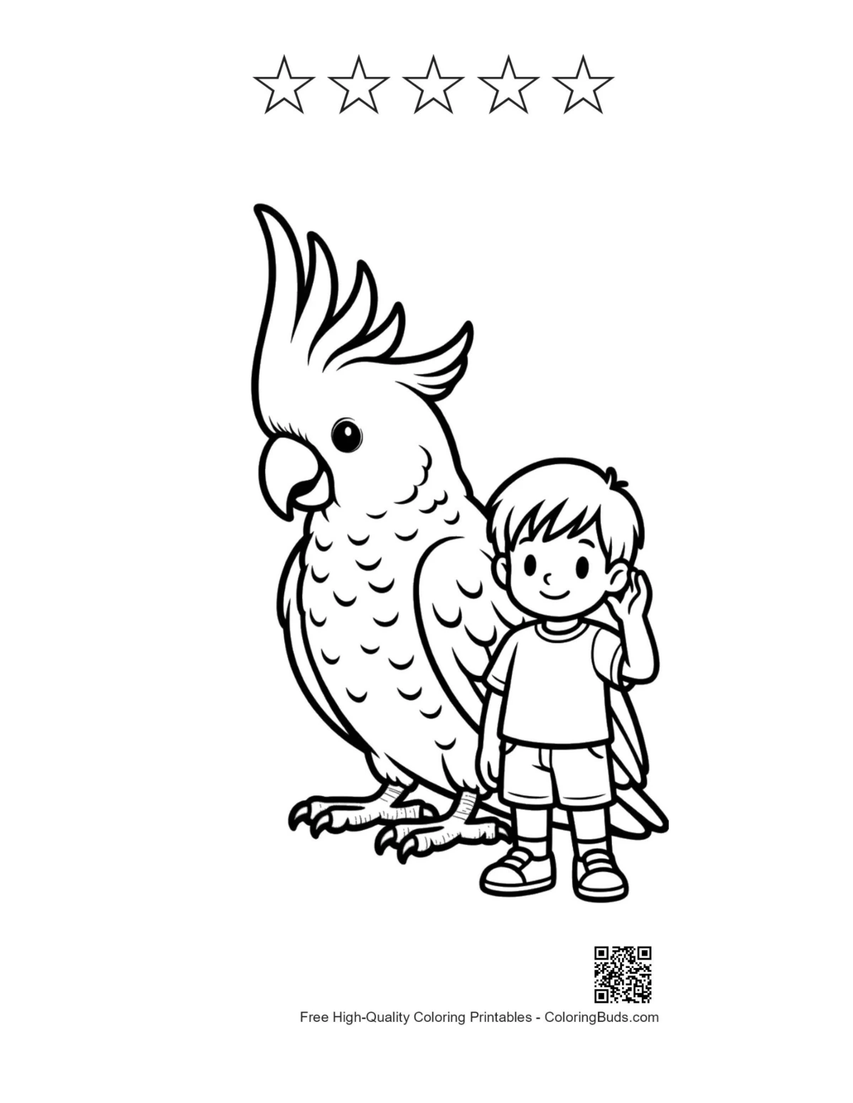 Printable with boy, cockatoo, and star outlines