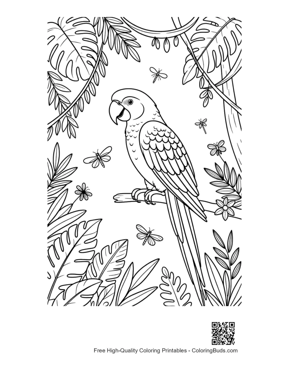 Lovely cockatoo bird coloring page printable jungle flowers leaves