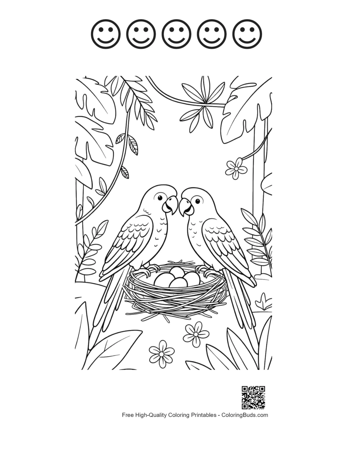 Cockatoo parrots tropical with 5 happy faces outlines
