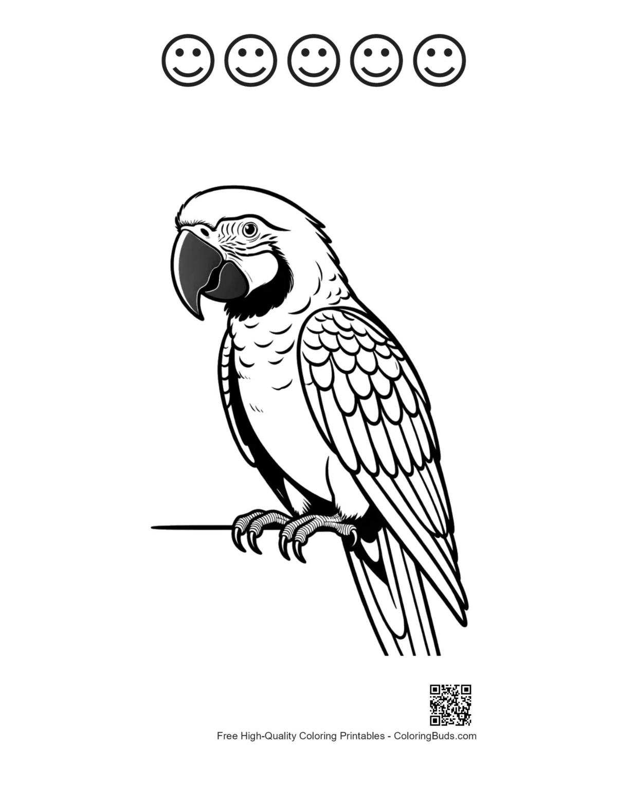 White macaw printable with 5 happy face outlines