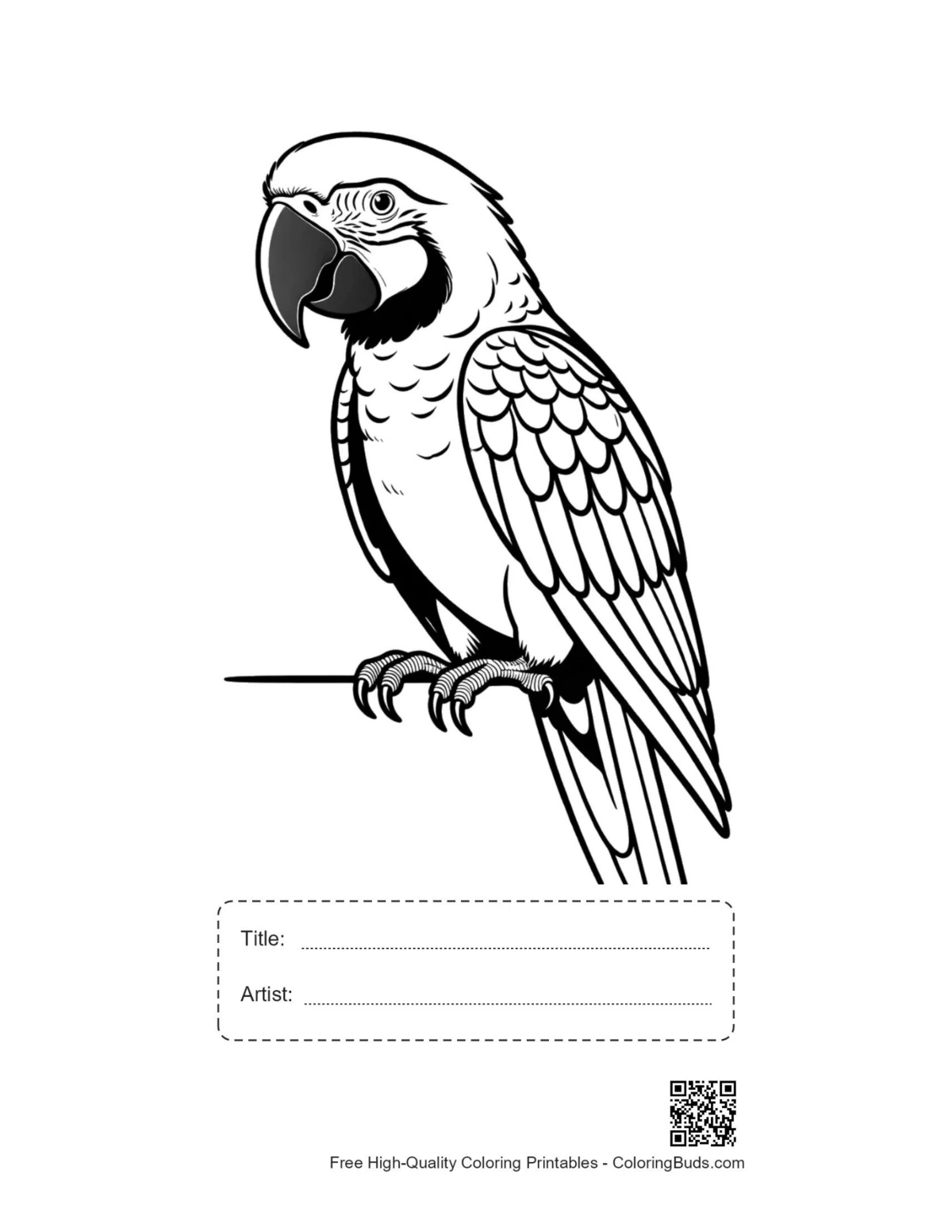 Printable majestic white macaw with title and artist box