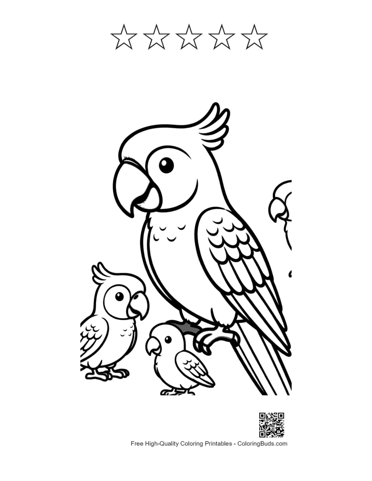 Mother macaw printable with 5-star rating outline