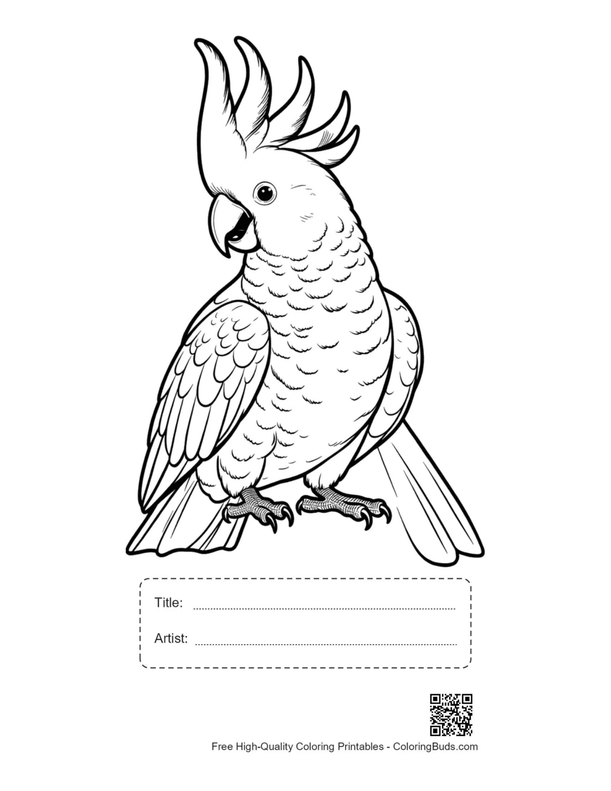 Printable cockatoo with title and artist box