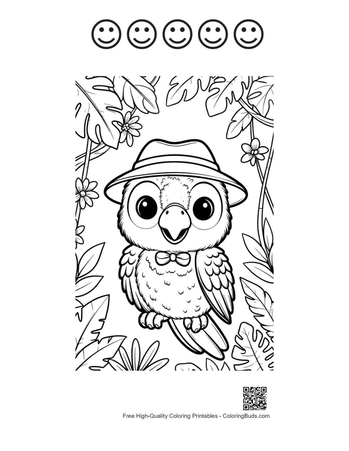 Cockatoo parrot stylish hat bowtie 5 happy faces outline
