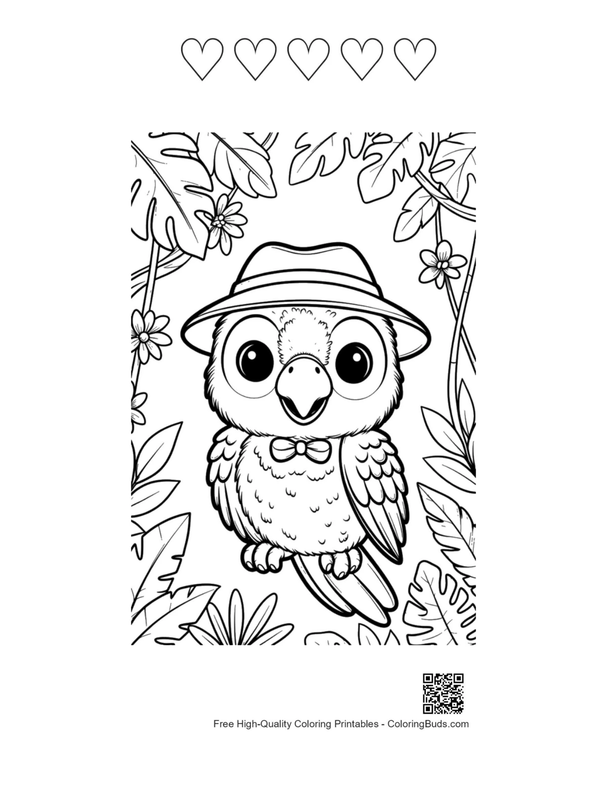 Smart cockatoo hat bowtie 5 hearts outline coloring printable
