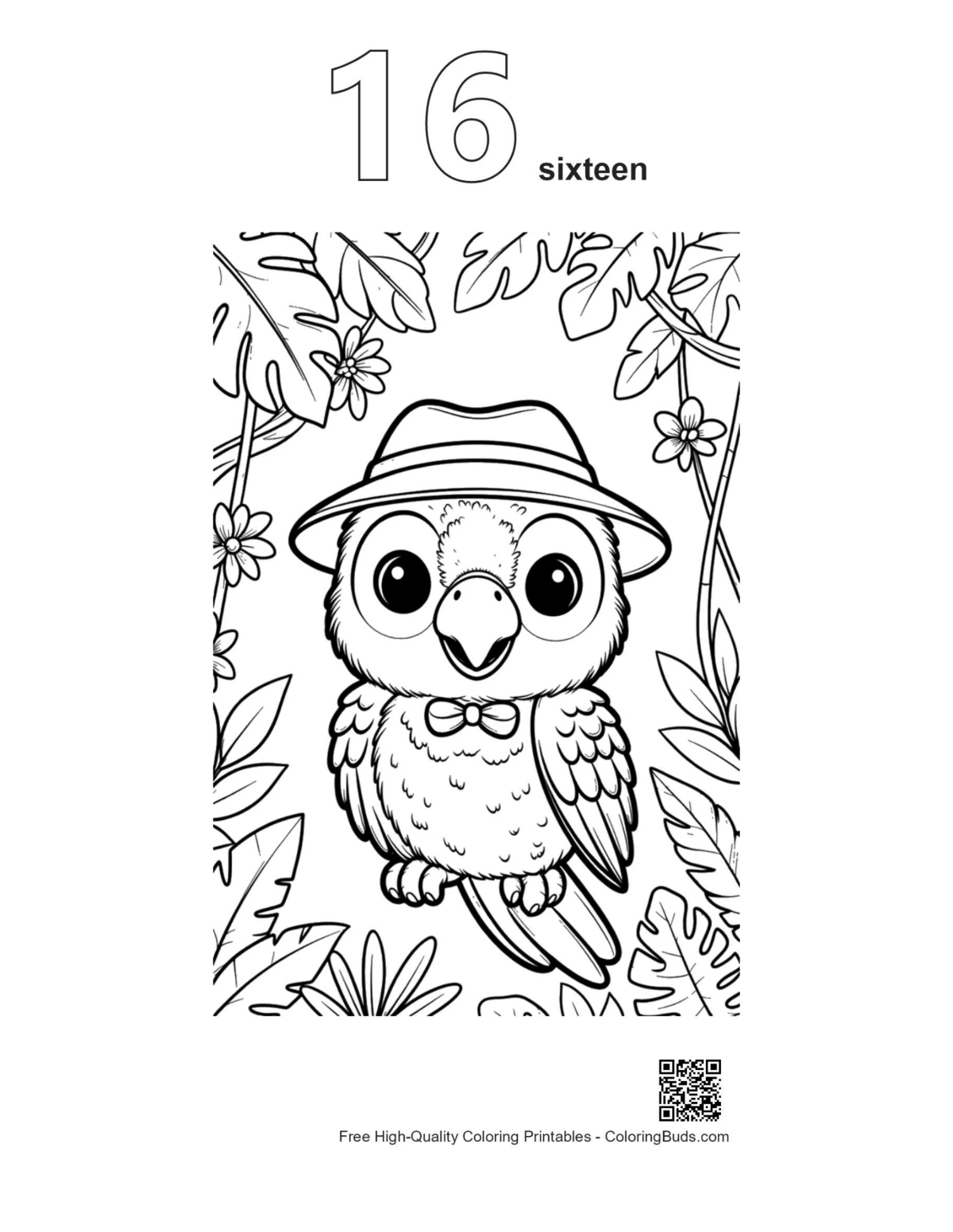 Cockatoo parrot hat bowtie outline number 16 printable