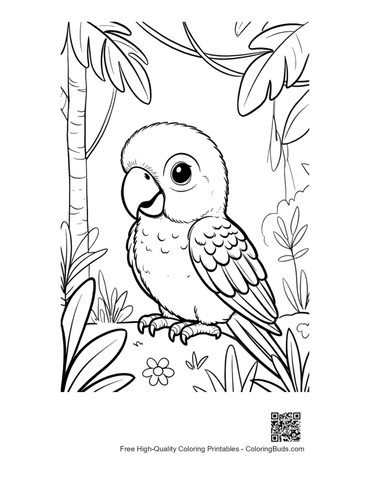 Cute baby cockatoo curious in rainforest coloring page