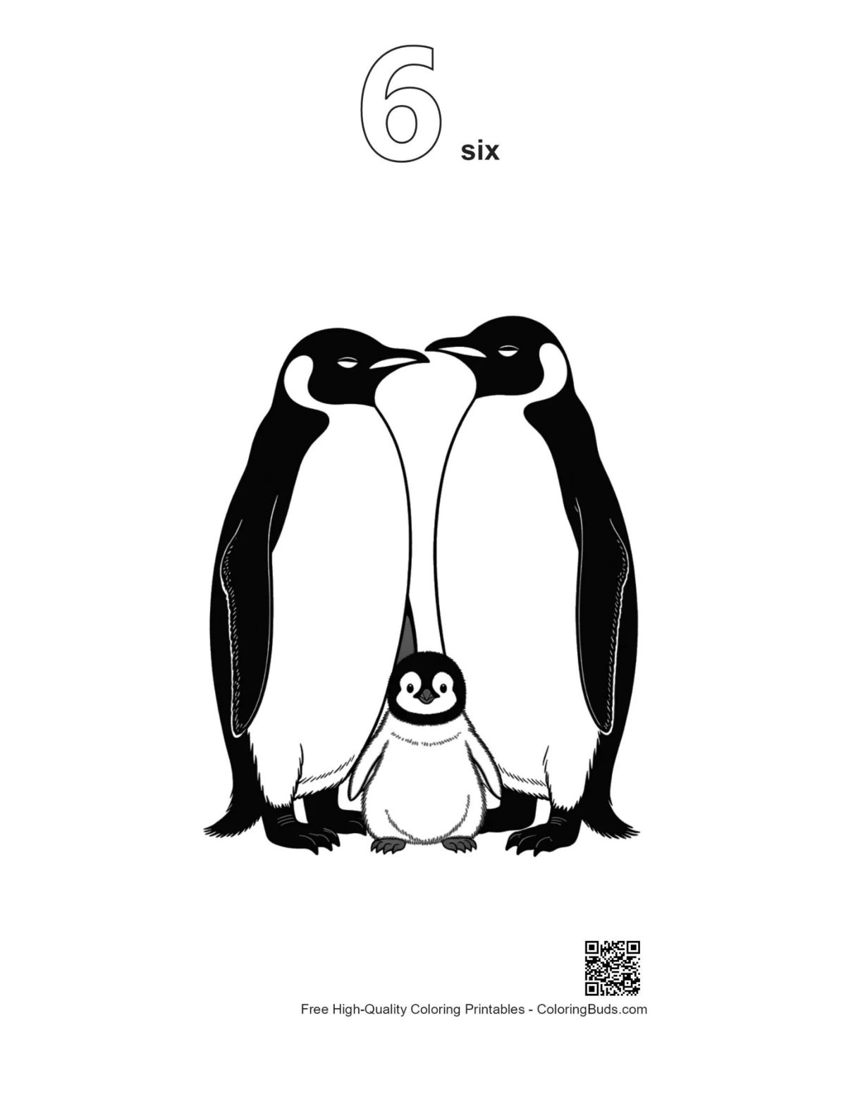 Number 6 outline of nuzzling Emperor penguins