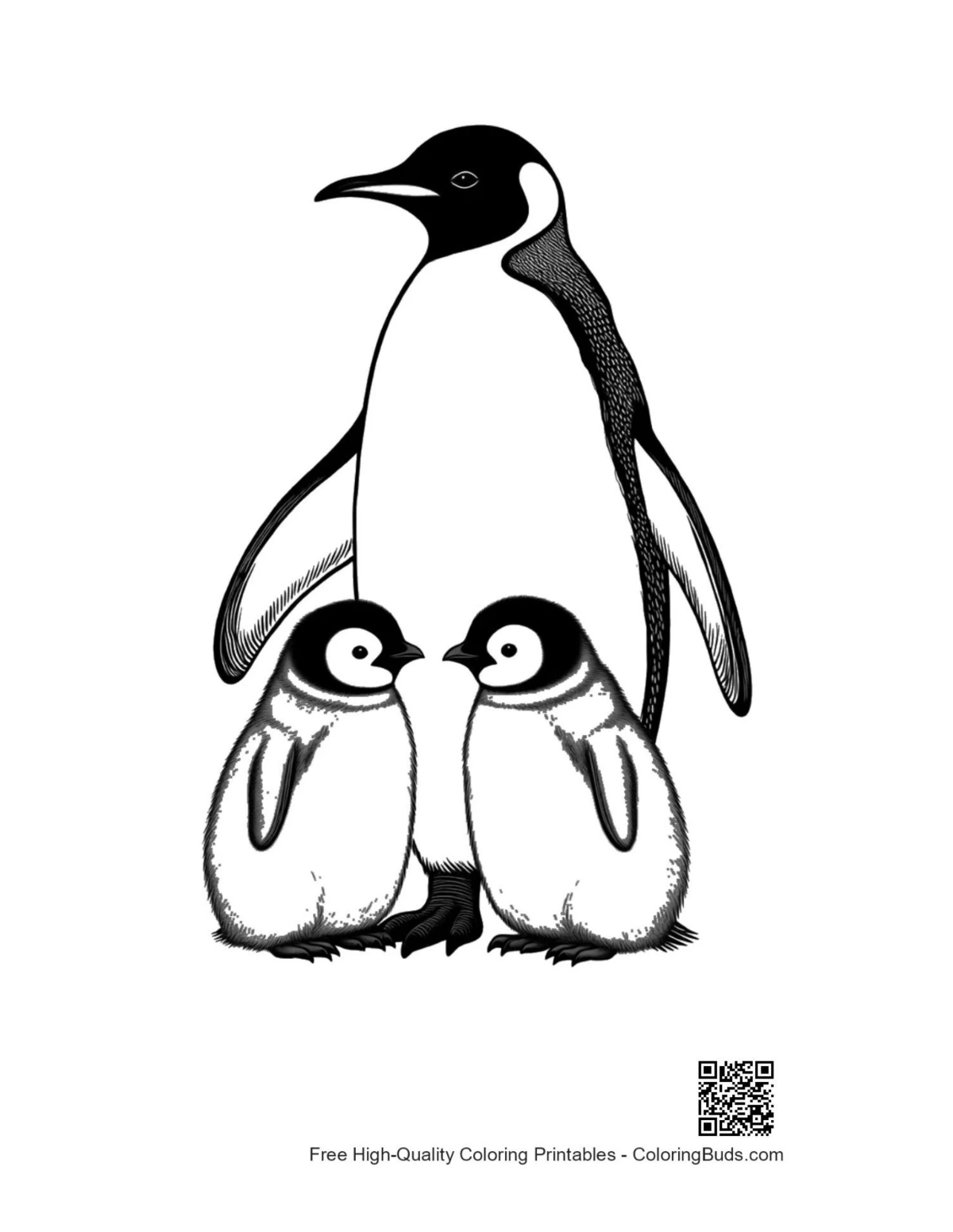 Emperor penguin parent with two cute chicks