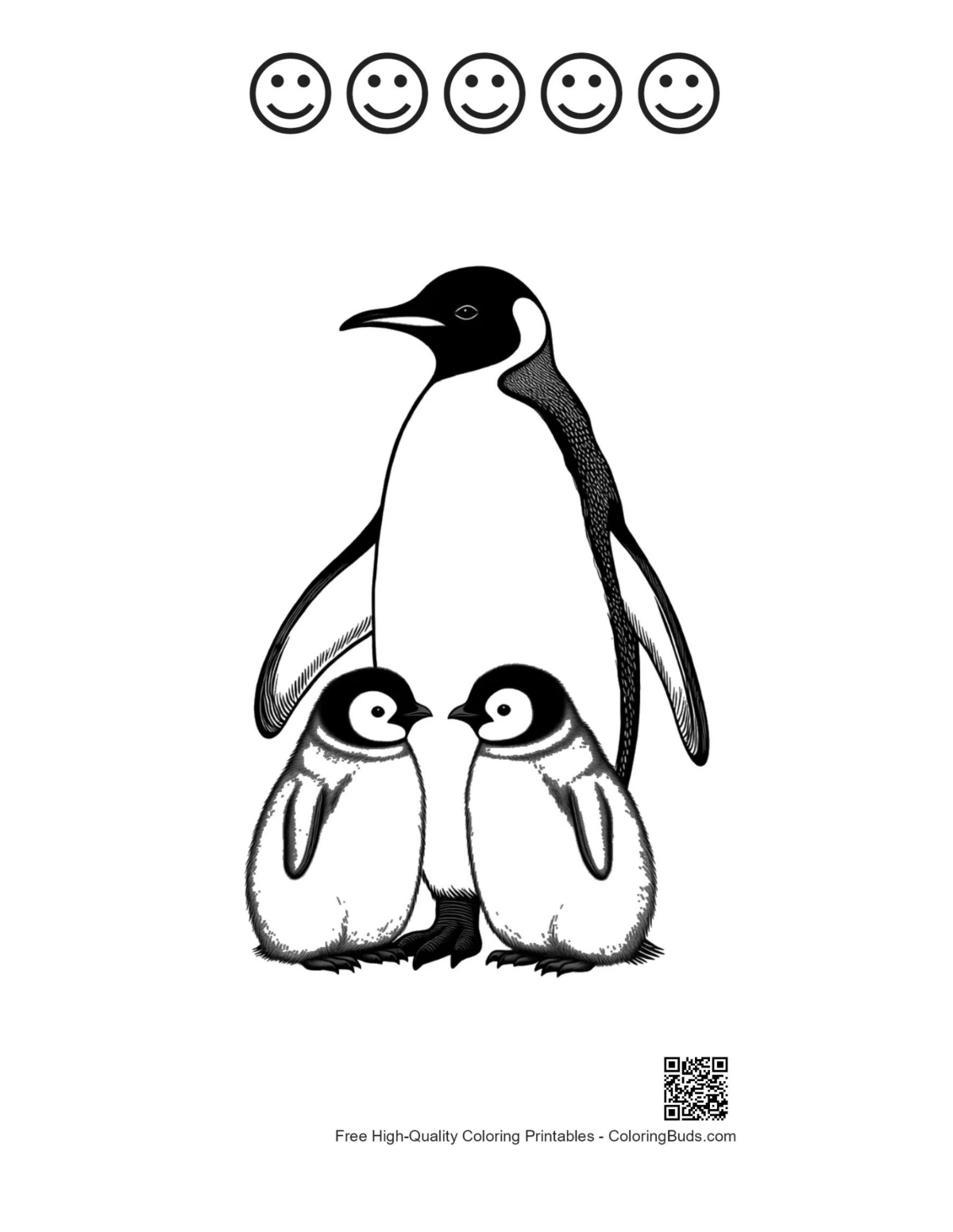 Happy face emperor penguin family coloring page