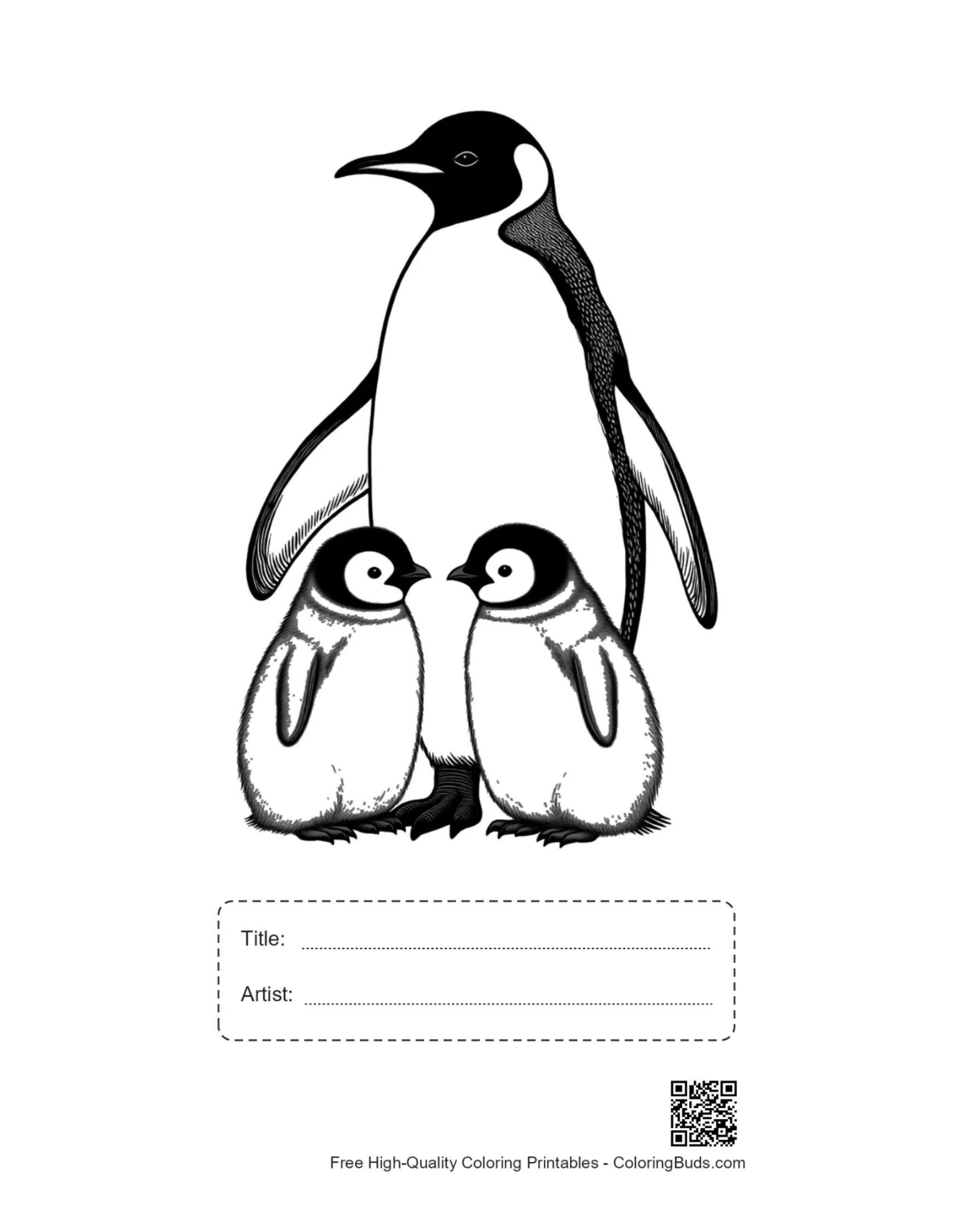 Printable emperor penguin family with title box