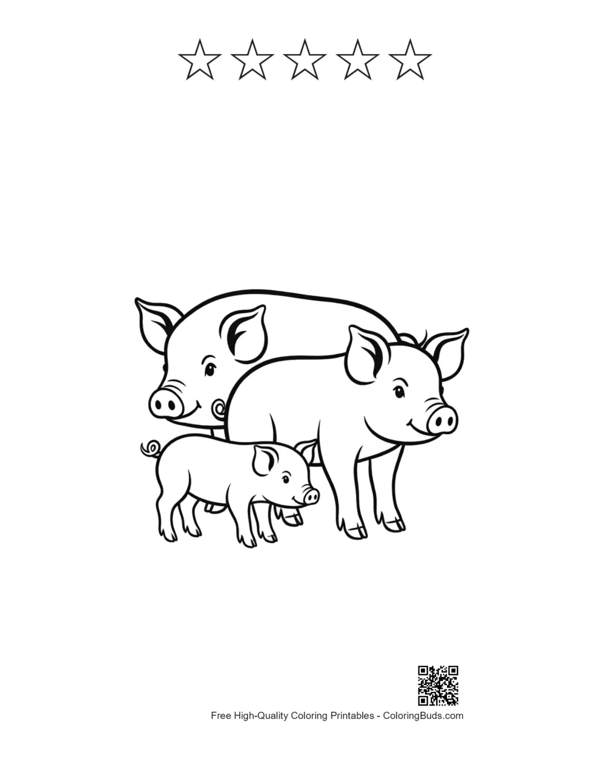 Cheerful pig family with 5 star outlines printable