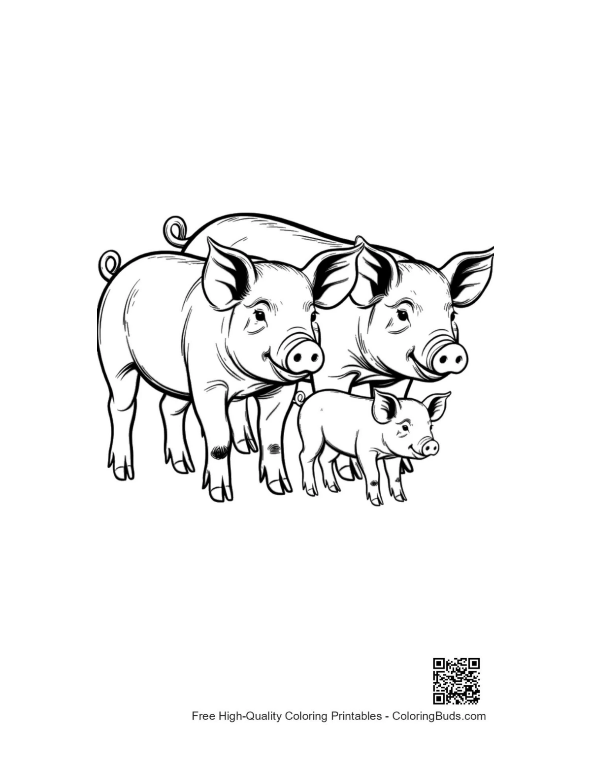 Ausmalbild: Fröhliches Treffen der Schweinefamilie auf dem Bauernhof