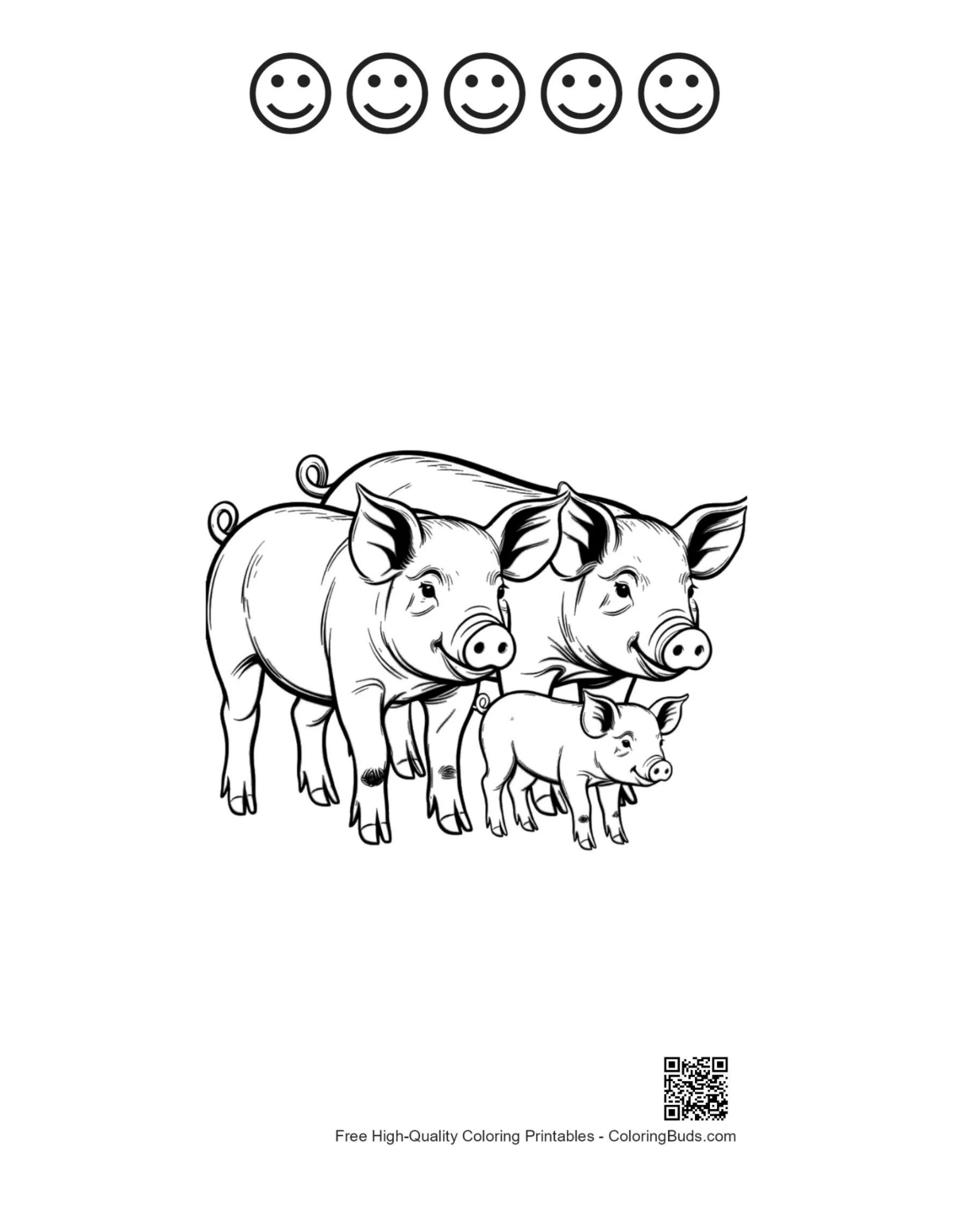 Niedliche Schweinefamilie mit fröhlichen Gesichtern (Umrisse)