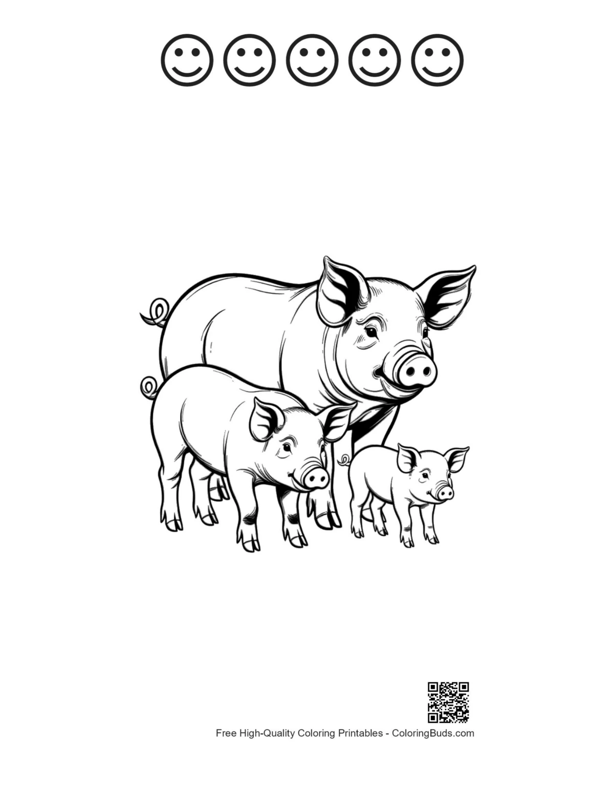 Mother Pig with piglets 5 happy face outline sheet