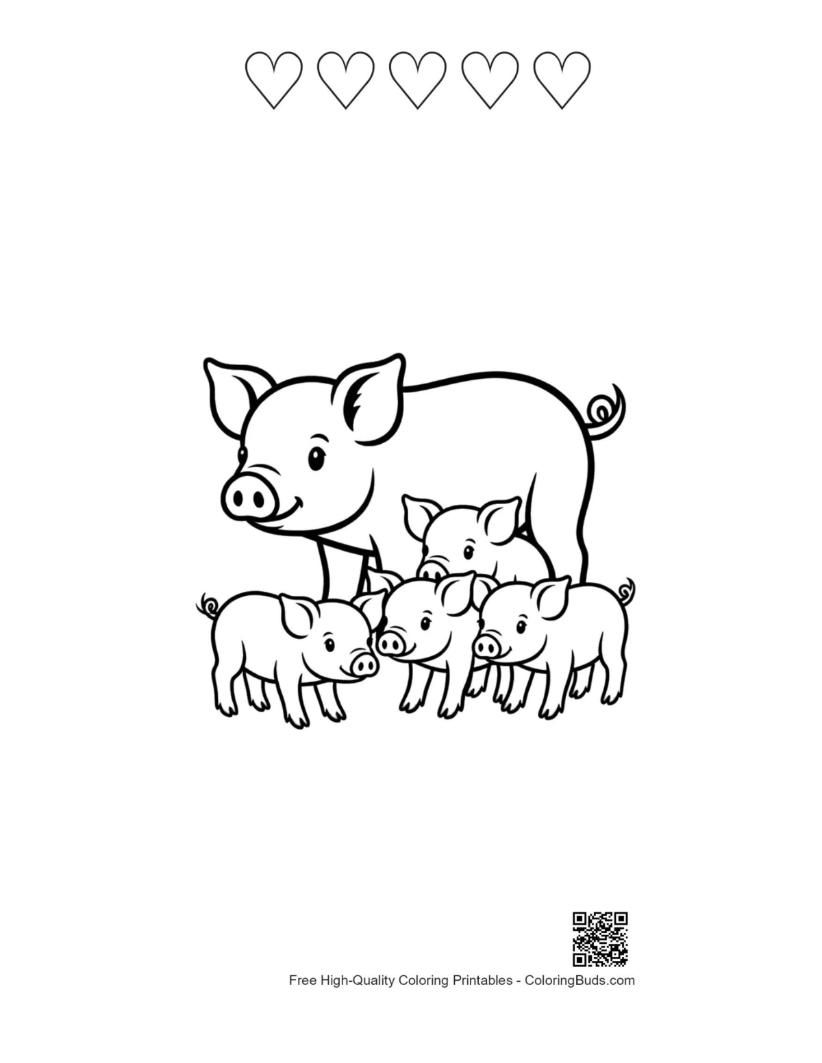 Heart outline printable of playful piglets